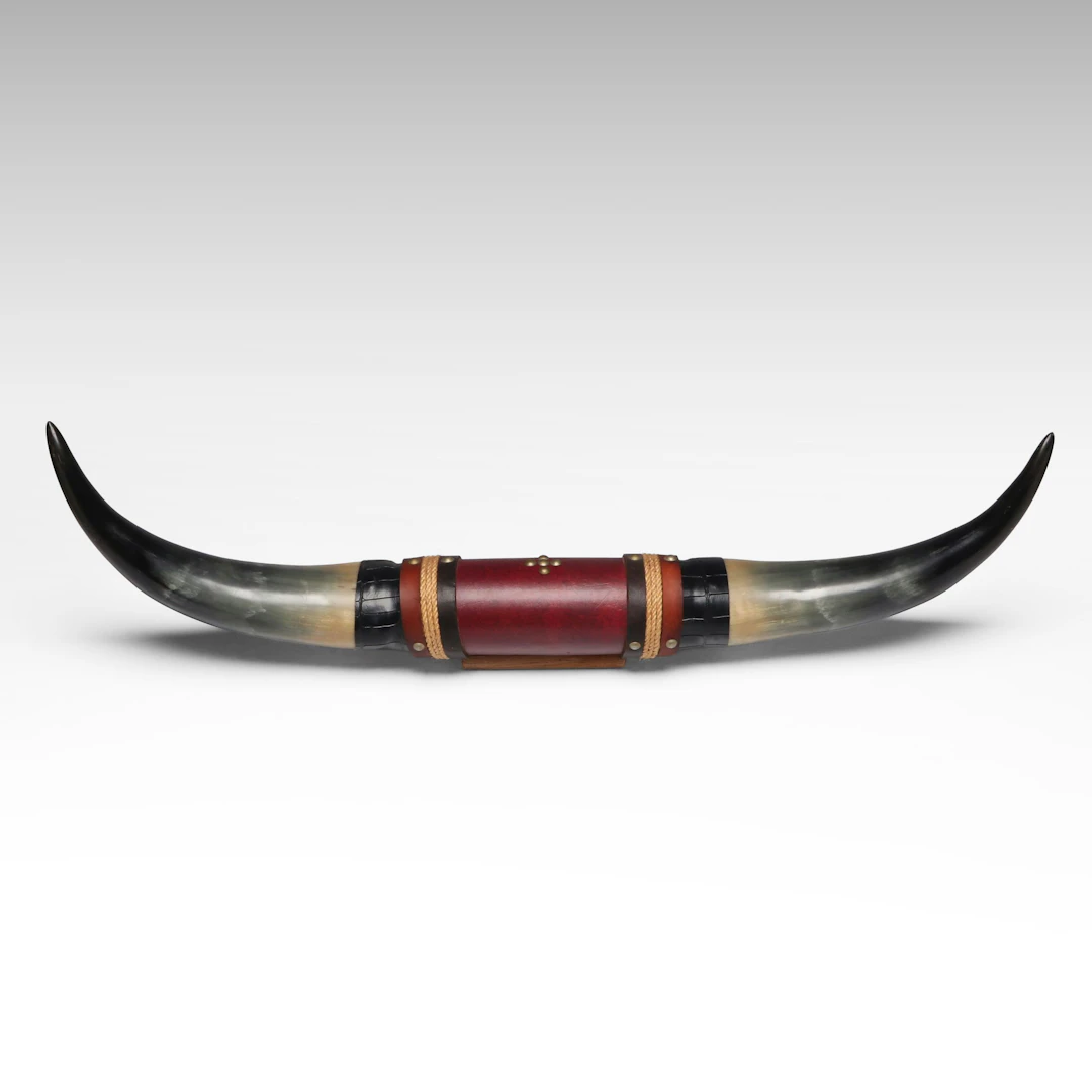 Leather Wrapped Mounted Bull Horns Wall Hanging