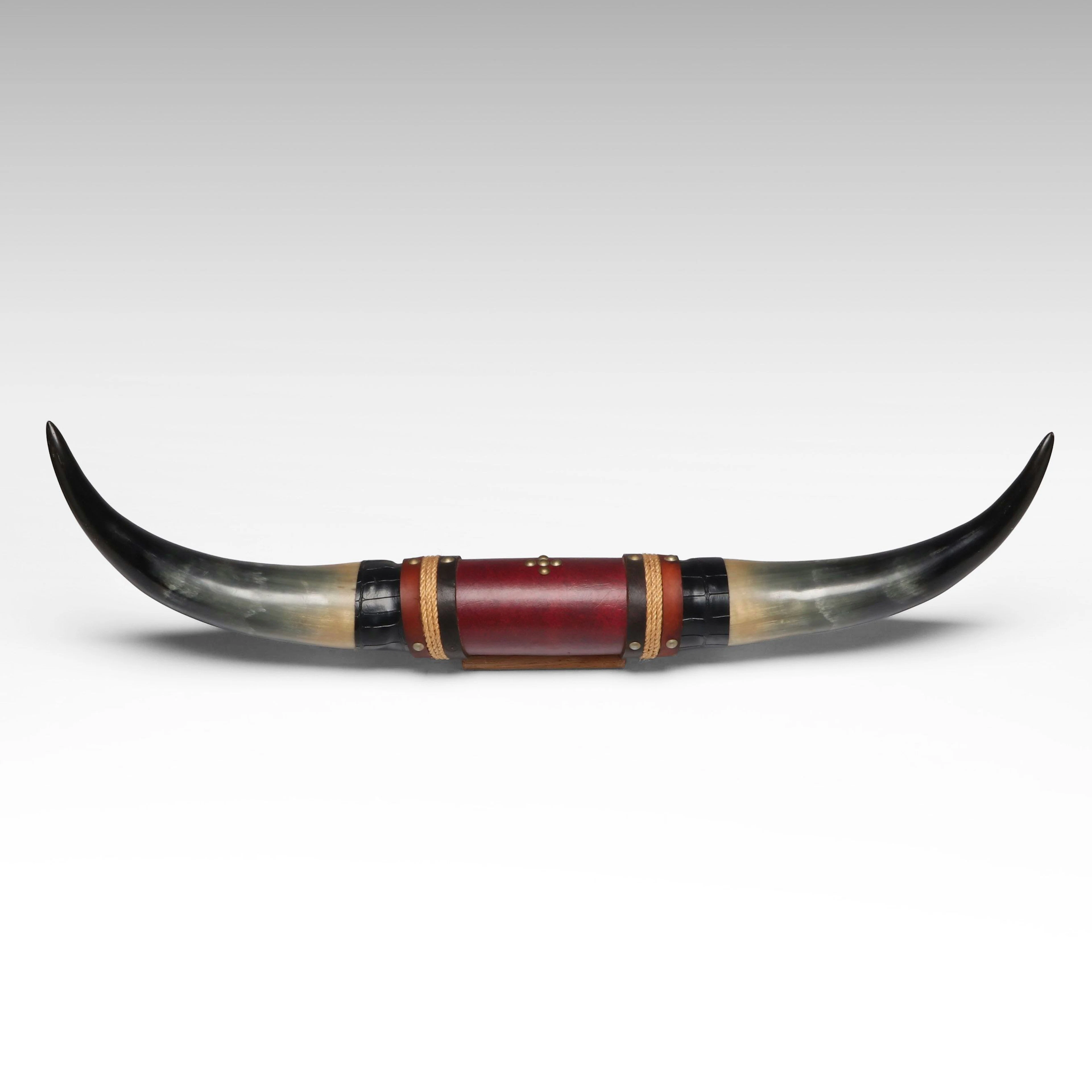 Leather Wrapped Mounted Bull Horns Wall Hanging