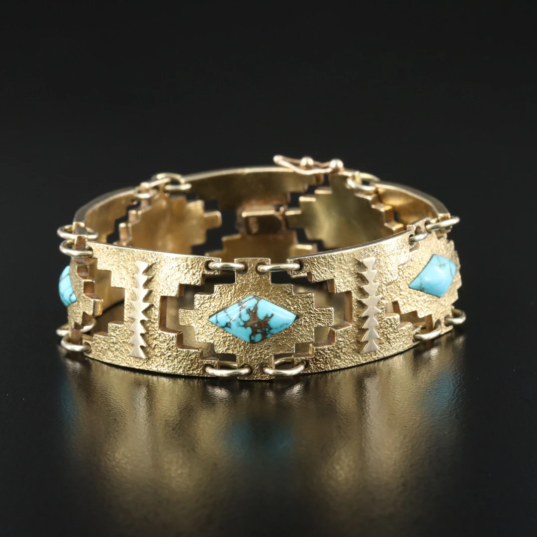 Harvey Begay, Navajo Diné 18K Turquoise Panel Bracelet