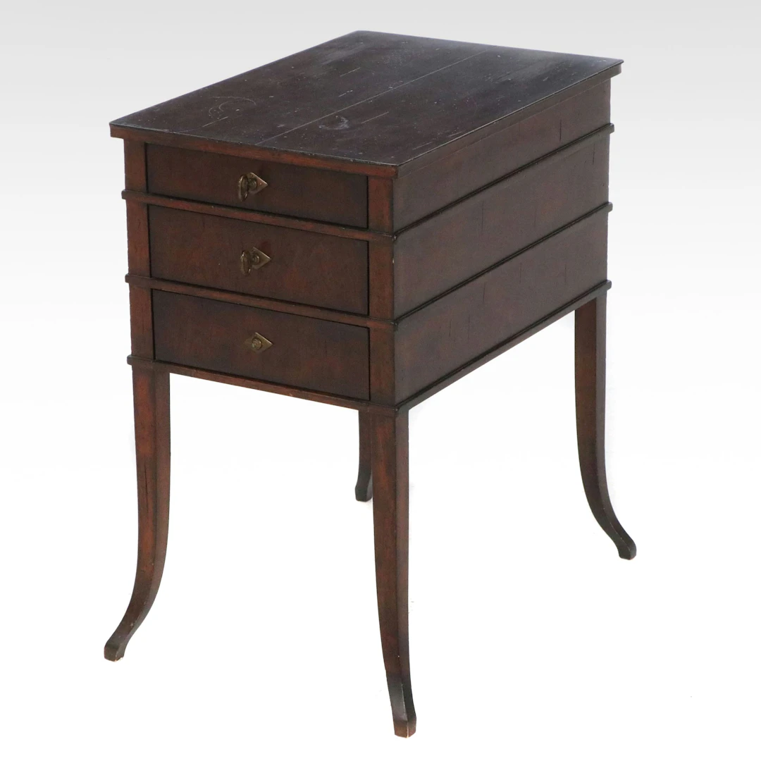 Modern Hepplewhite Style Wooden Side Table with Drawers and Curved Legs