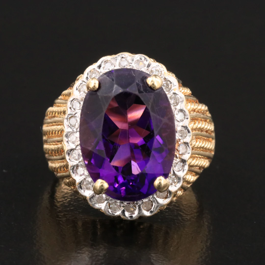 14K Amethyst and Diamond Halo Ring