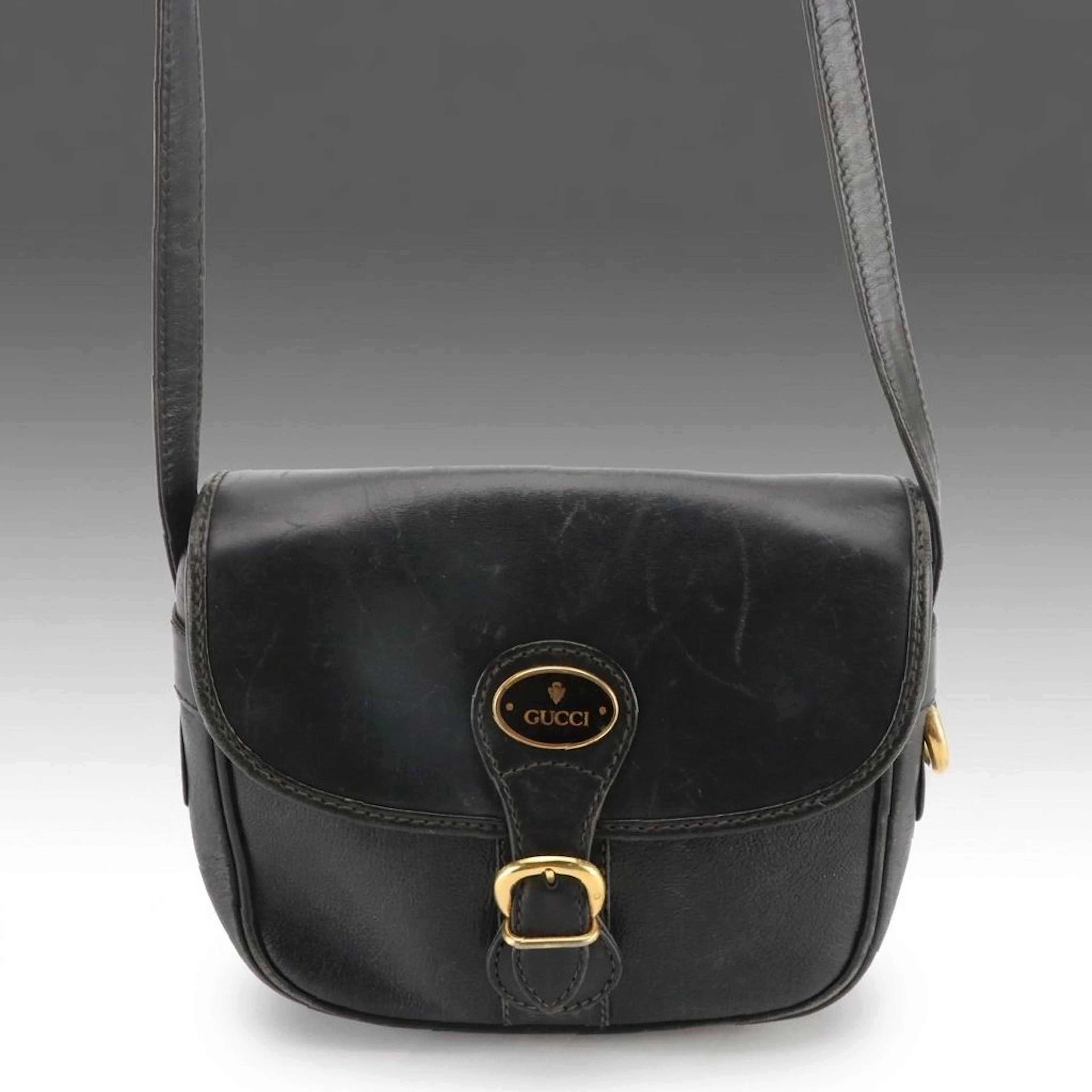Gucci Leather Buckle Flap Crossbody Bag with Enameled Crest Signature Plaque