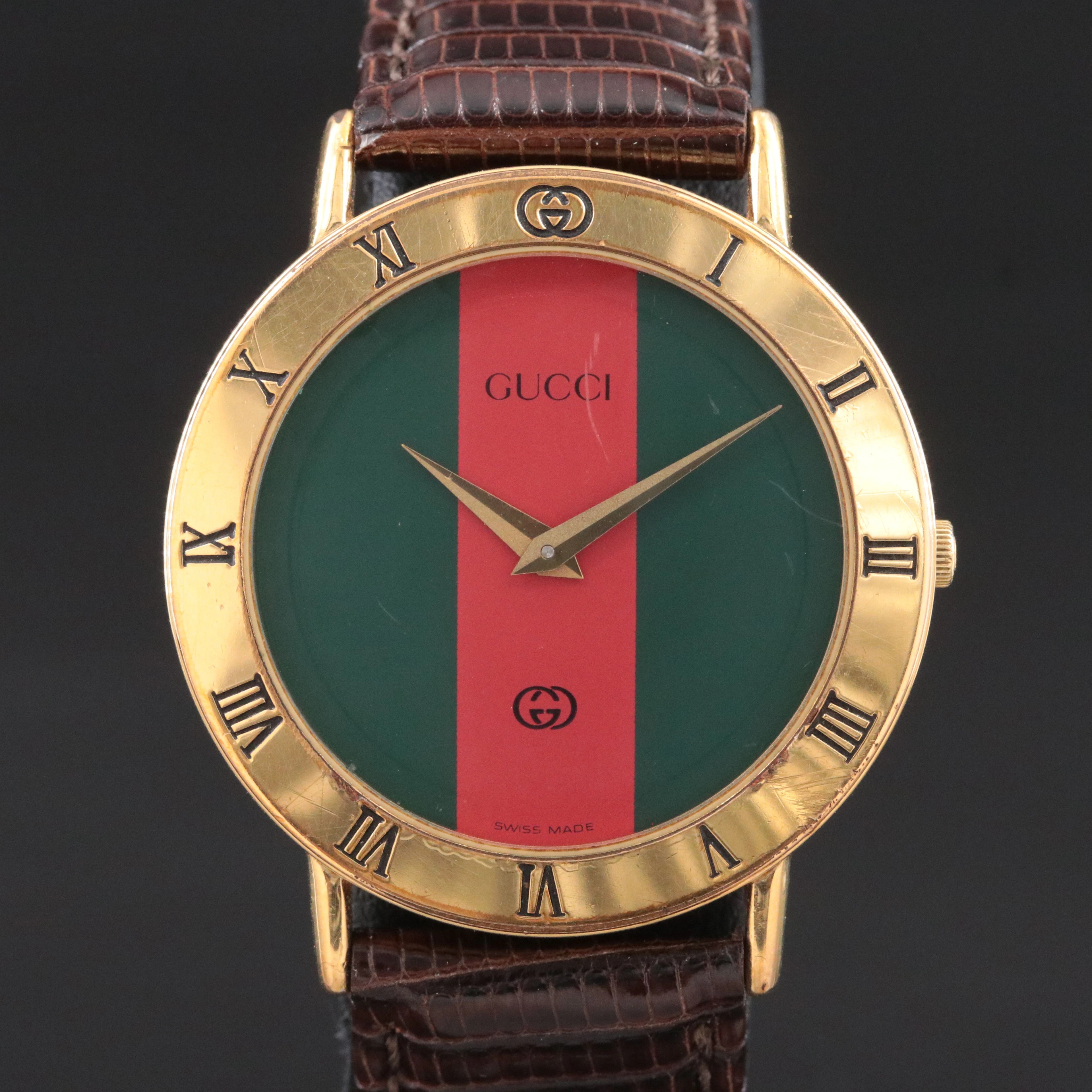 Classic Gucci Gold Tone Case Roman Numerals Red/Green Dial Quartz