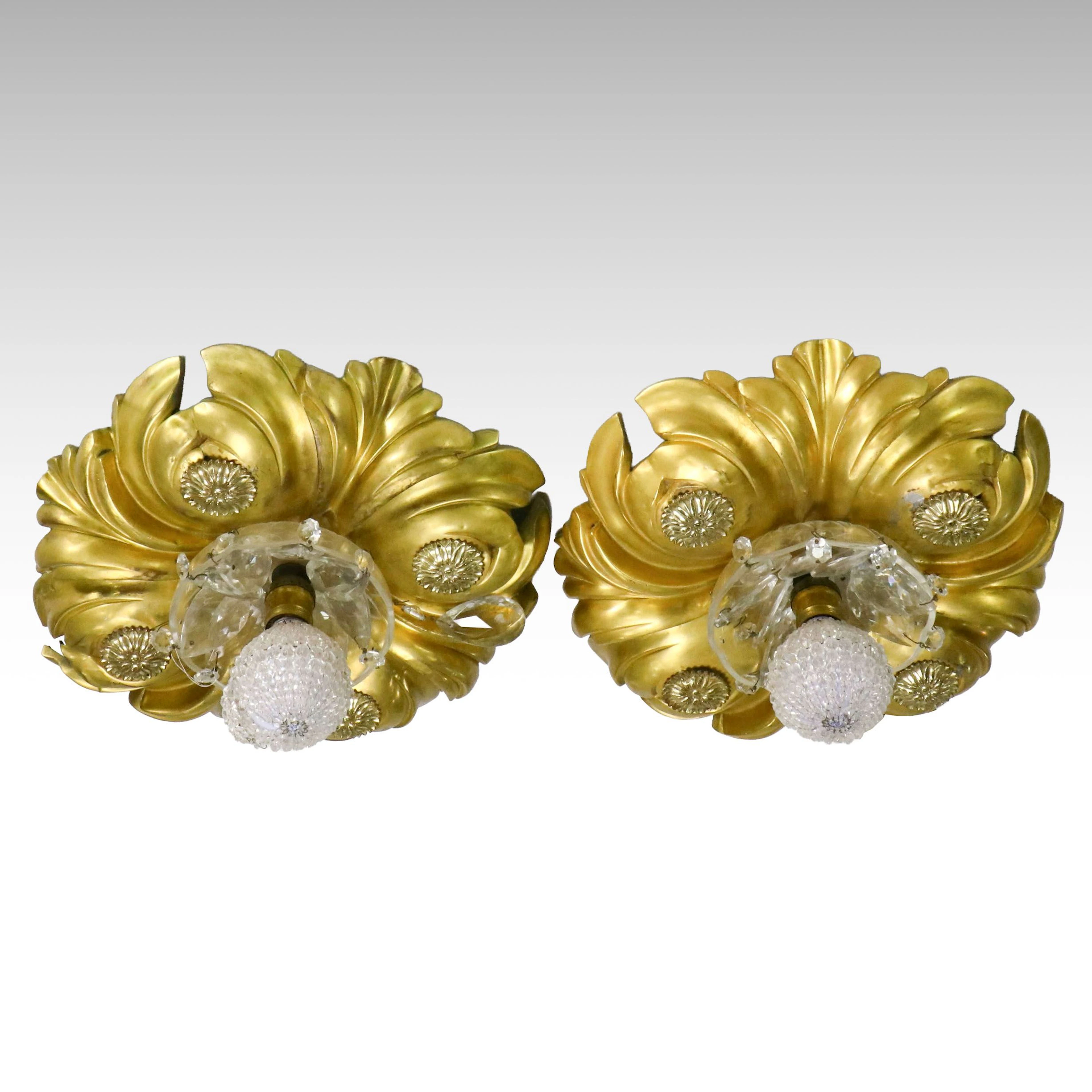 Hollywood Regency Style Gilt Metal and Crystal Flush Mount Ceiling Lights