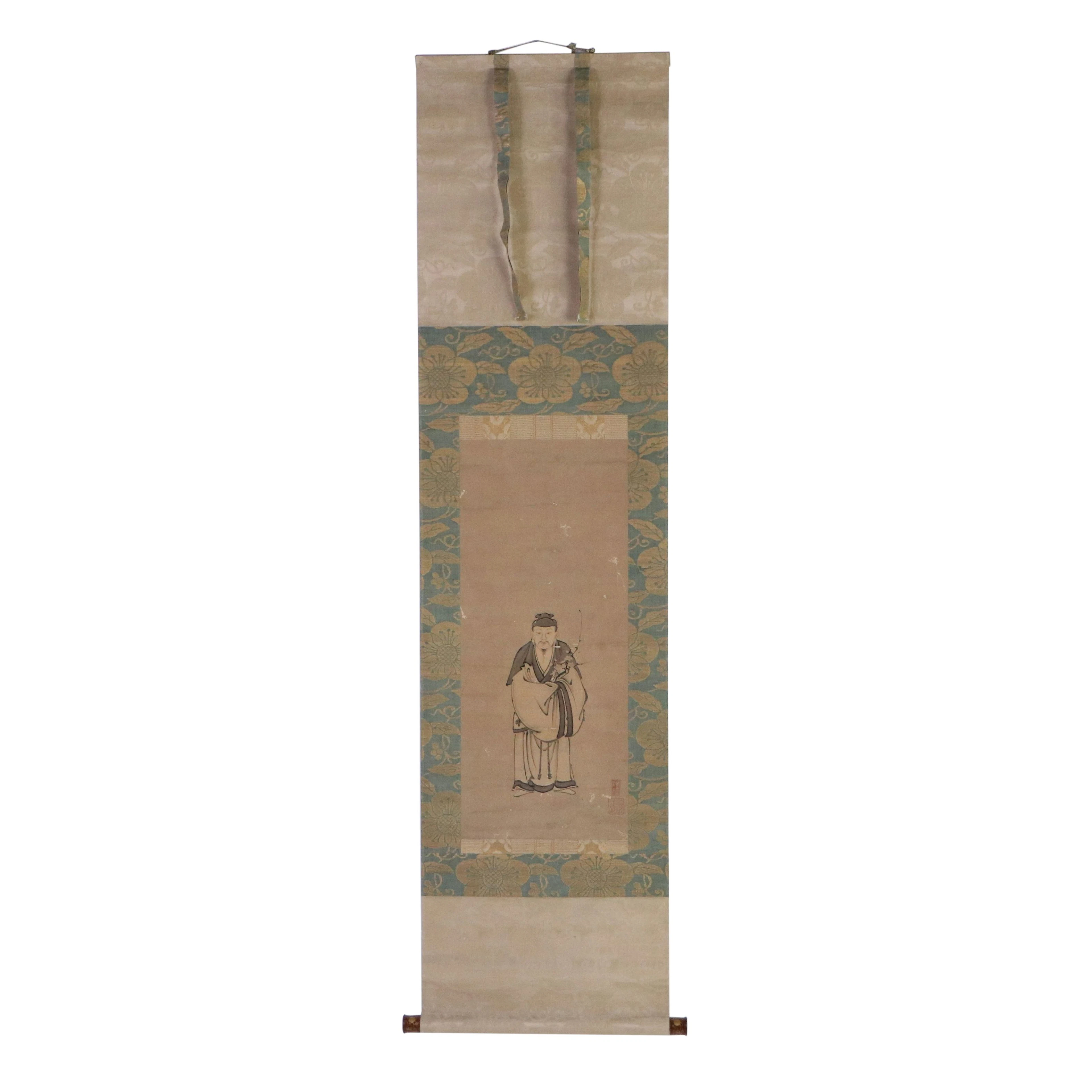East Asian School Silk Brocade Gouache Painted Scroll of Man with Floral Branch