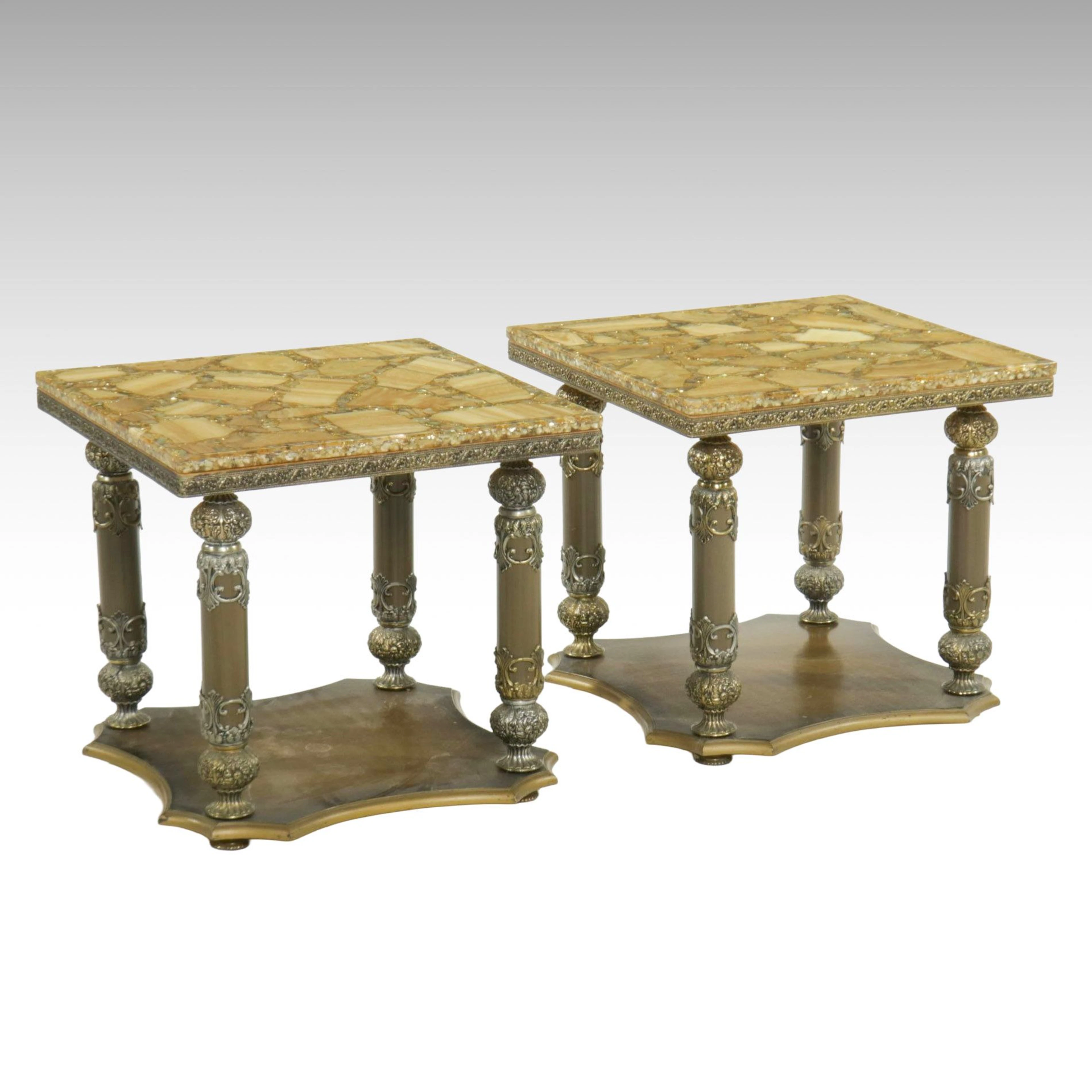 Hollywood Regency Side Tables with Stone and Mother-of-Pearl in Resin Tabletop