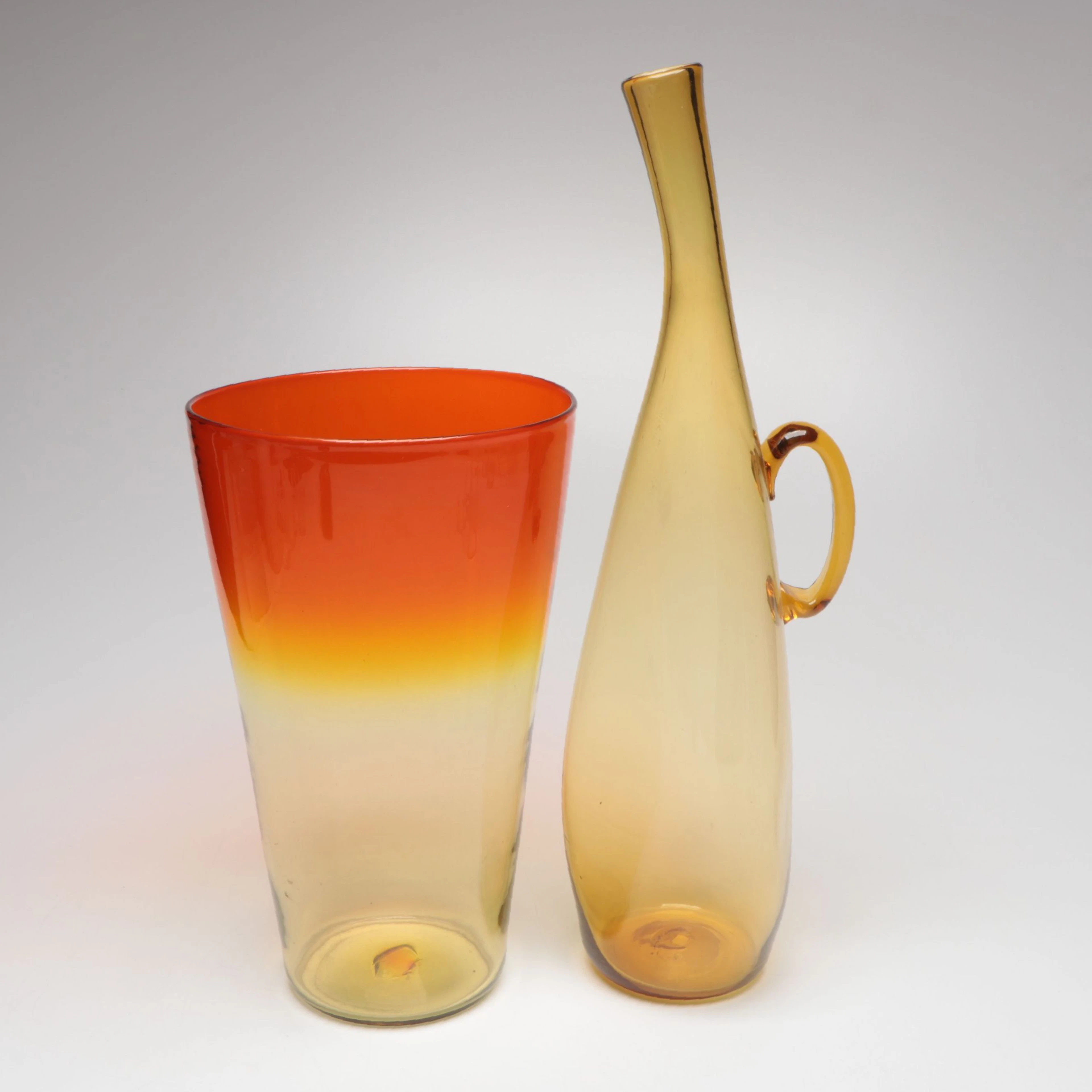 Mid Century Modern Blenko Amberina Gradient Vase with Amber Glass Pitcher
