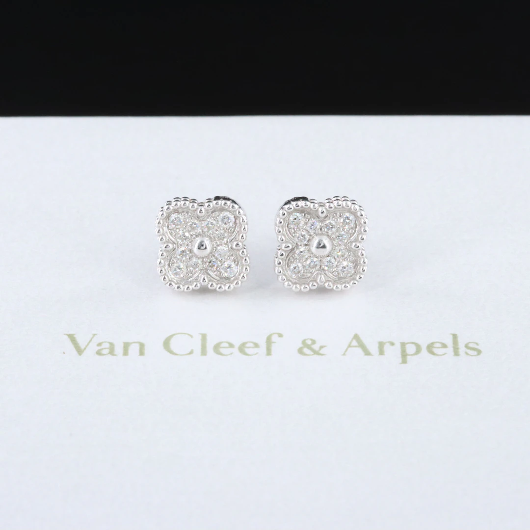 Van Cleef & Arpels Sweet Alhambra 18K White Gold and Diamond Earrings with COA