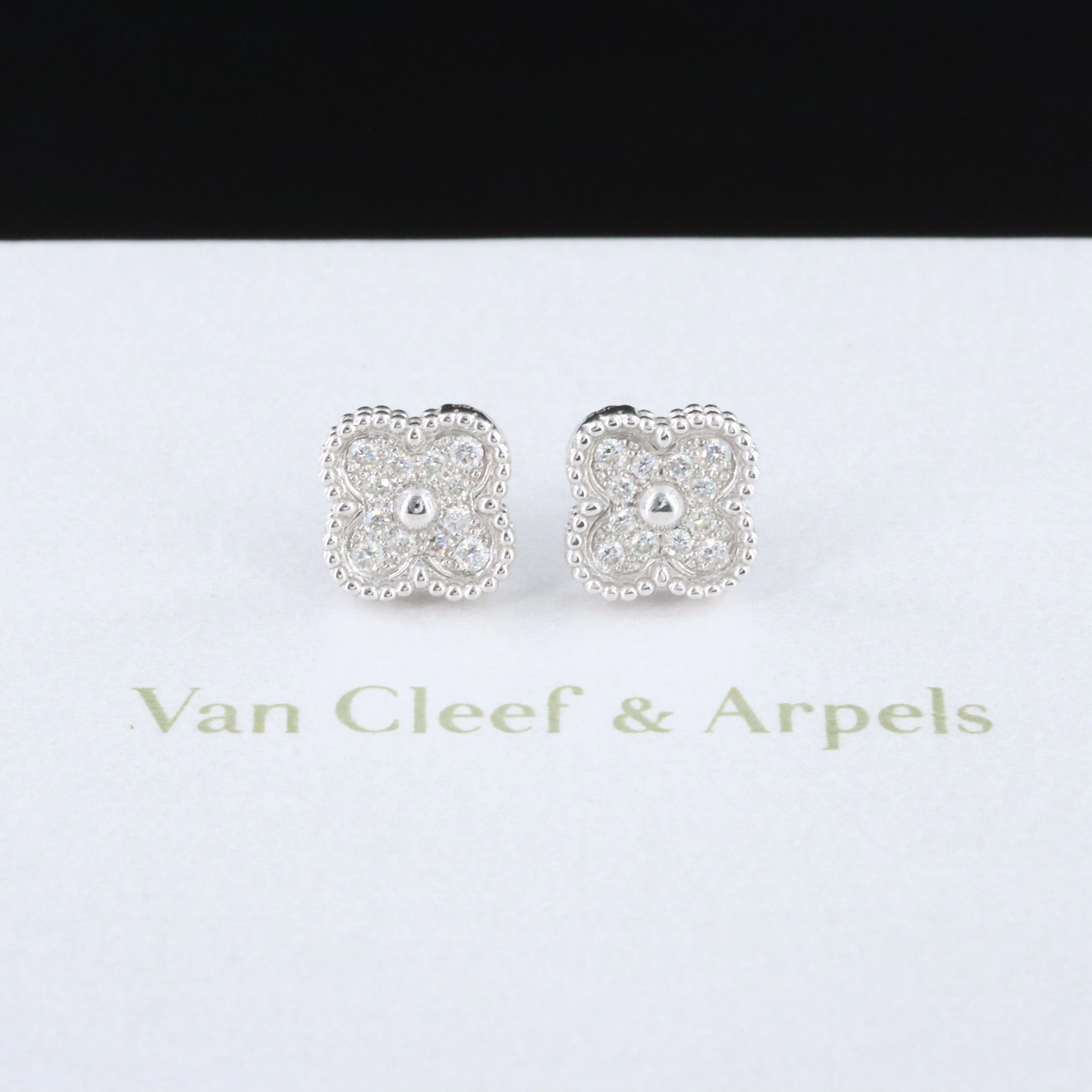 Van Cleef & Arpels Sweet Alhambra 18K White Gold and Diamond Earrings with COA