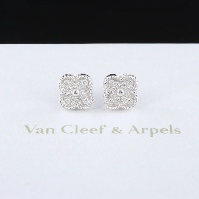 Van Cleef & Arpels Sweet Alhambra 18K White Gold and Diamond Earrings with COA