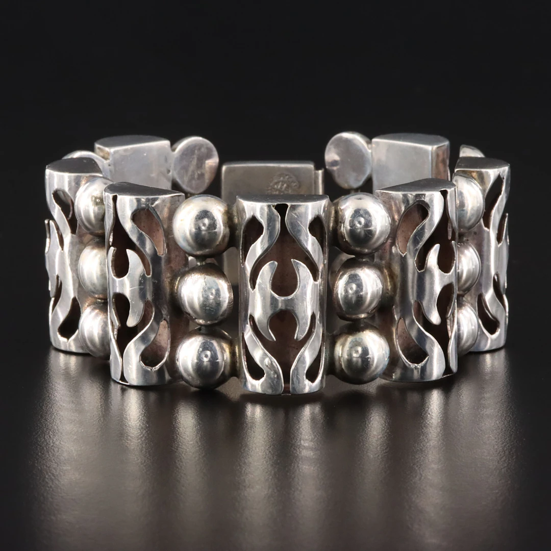 Mexican Modernist Sterling Cutout Bead Bracelet