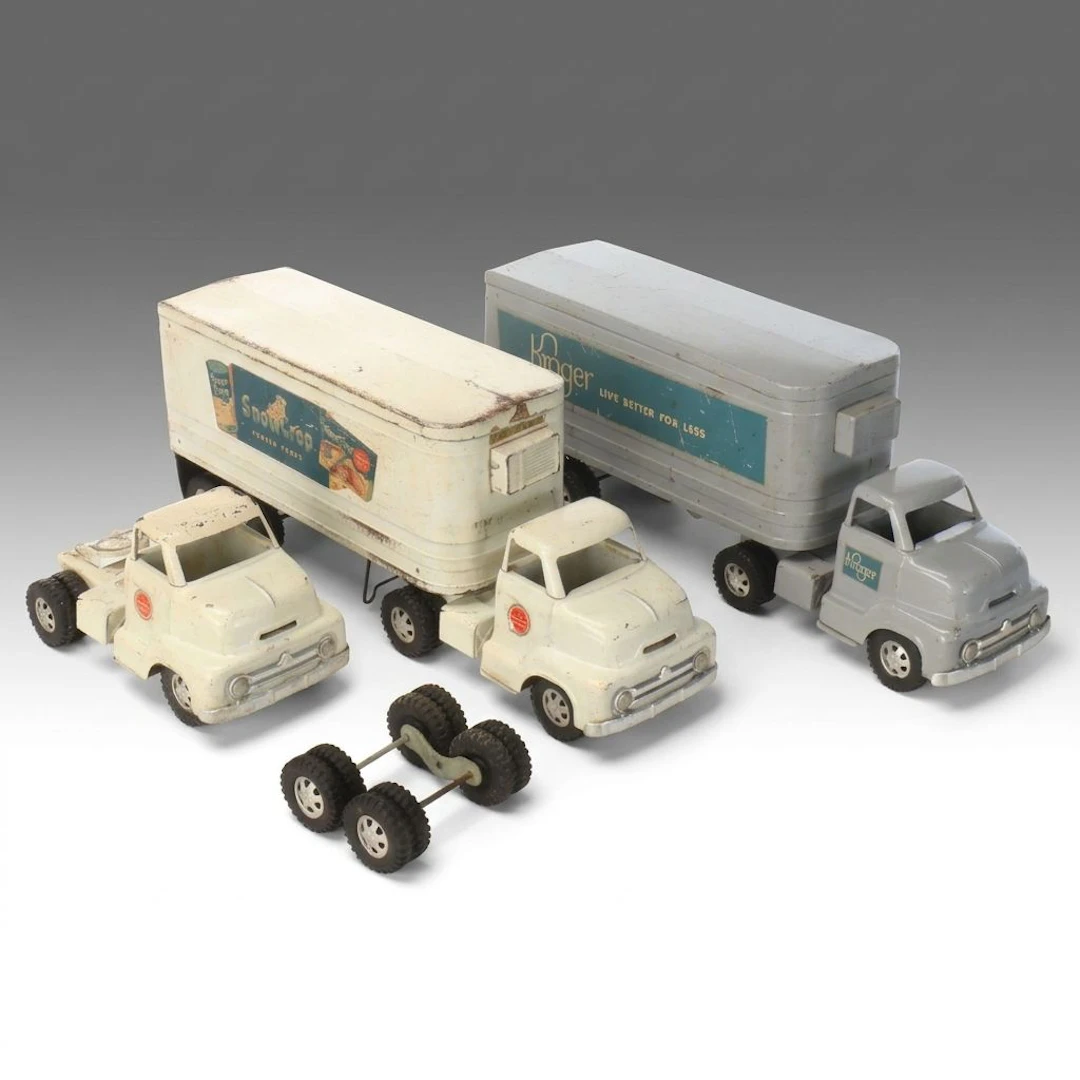 Dunwell Pressed Steel Kroger and SnowCrop Cab-Over Trucks, Mid-20th Century