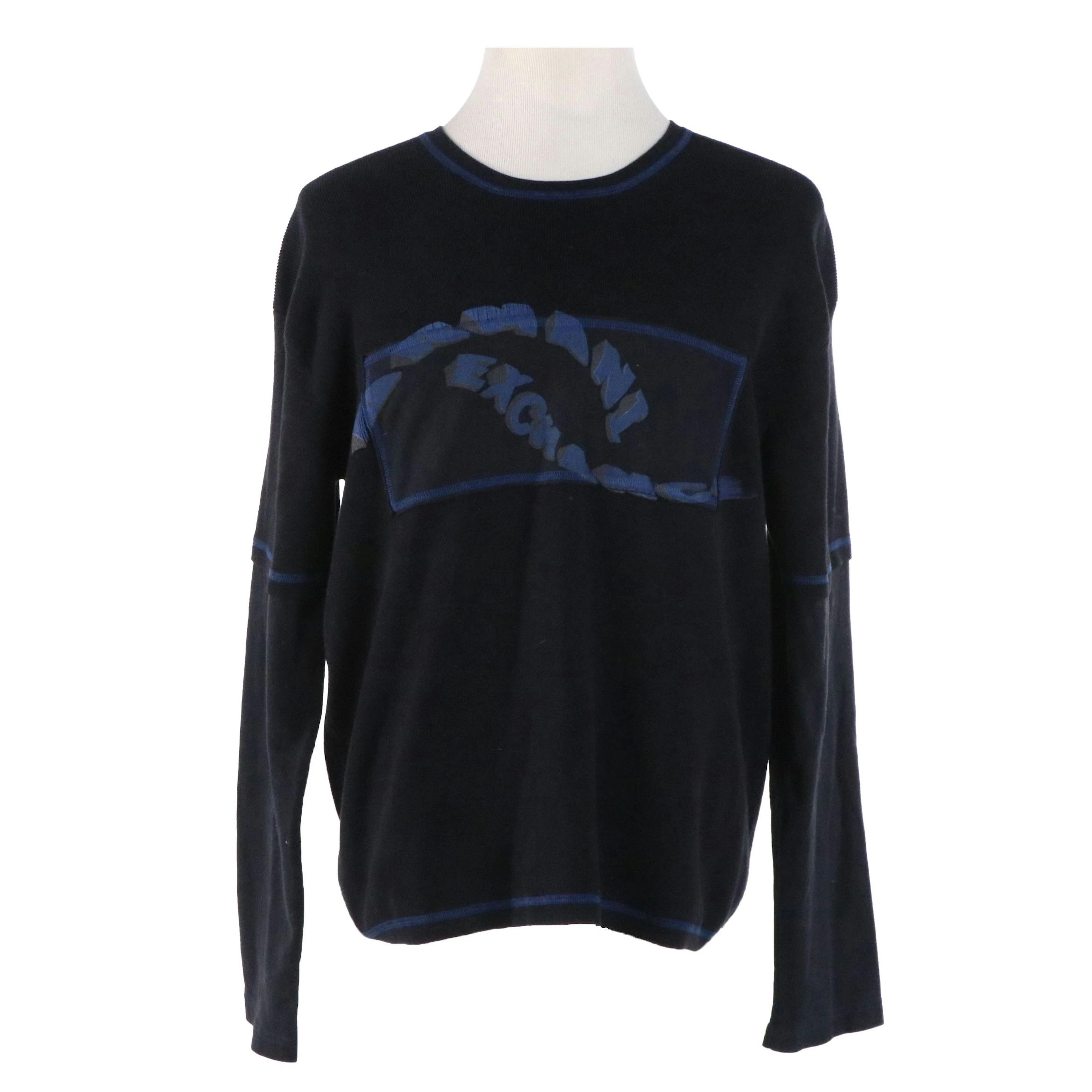 Men's Armani Exchange Spellout Crewneck Top in Black Cotton With Blue Lettering