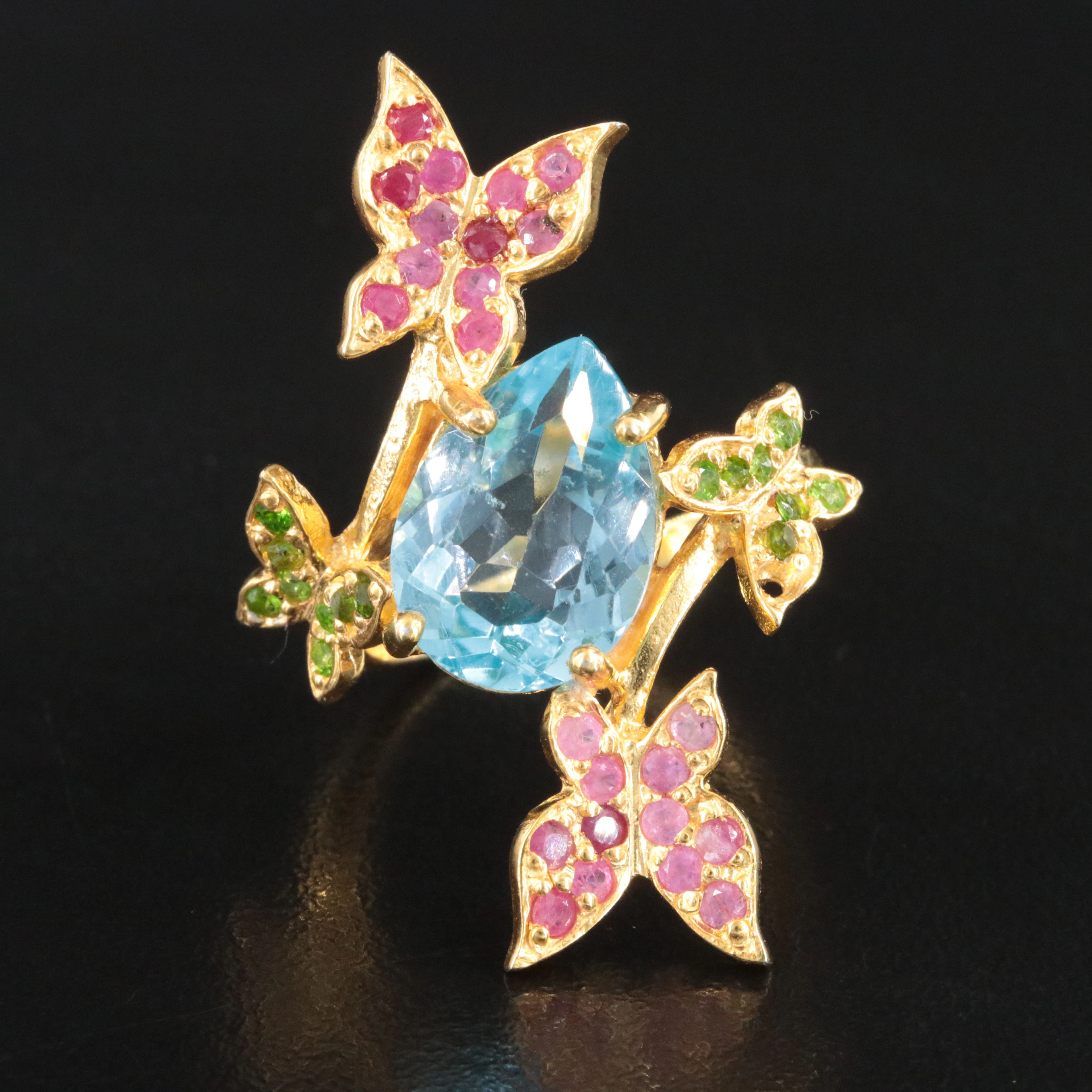 Sterling Blue Topaz, Ruby and Tsavorite Butterfly Ring