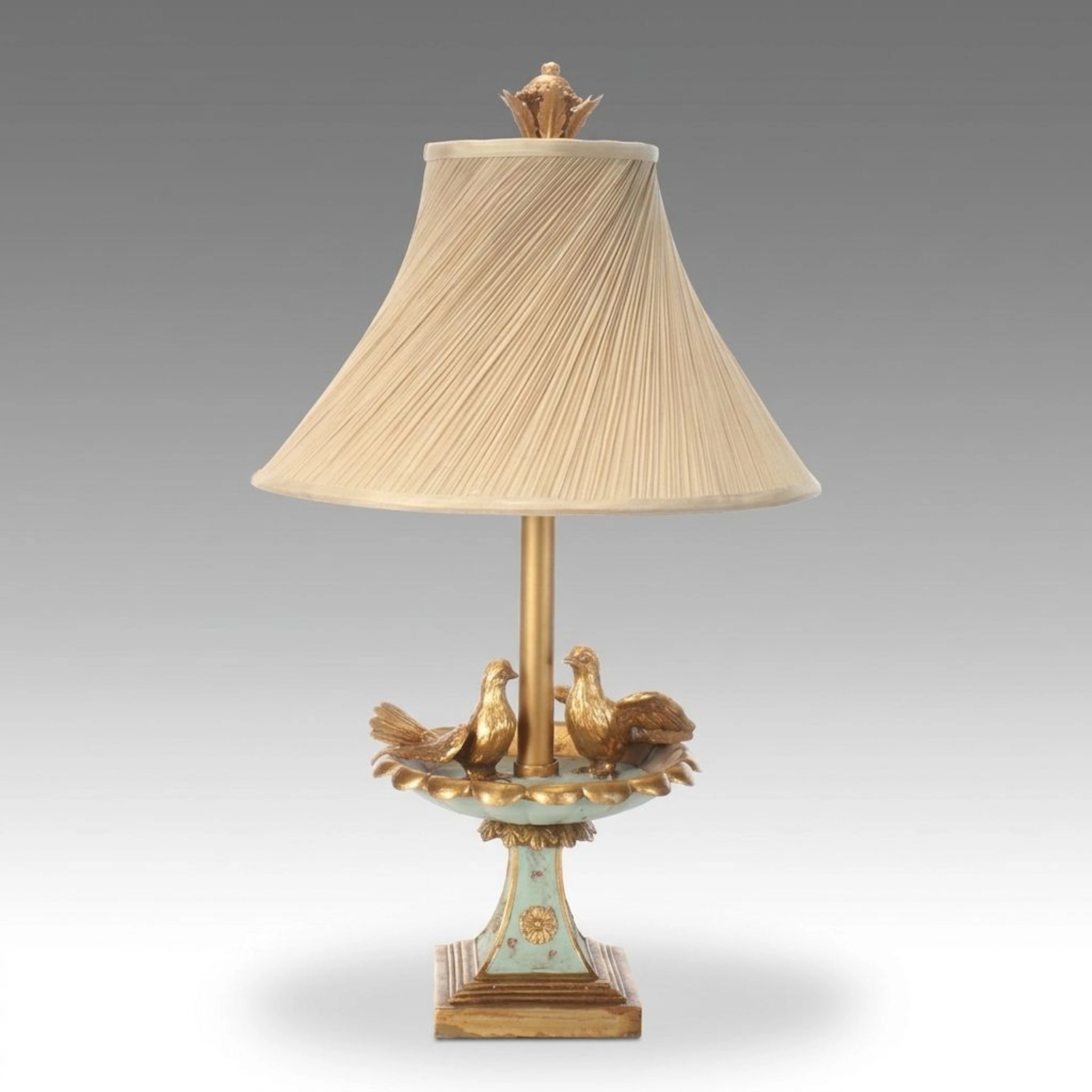 Neoclassical Style Parcel Gilt Pedestal with Birds Table Lamp with Silk Shade