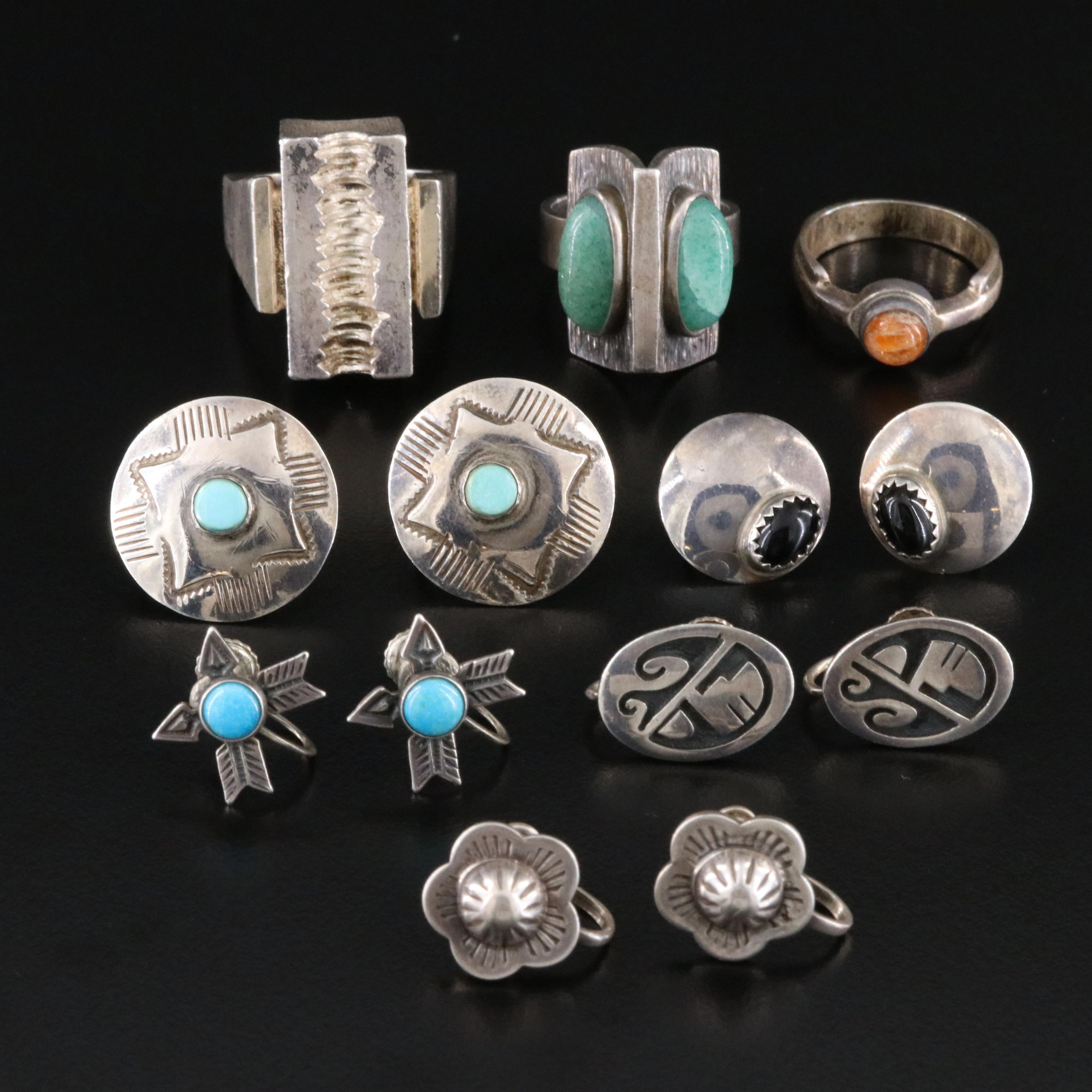 Sterling Gemstone Rings and Earrings Including Sunstone and Aventurine