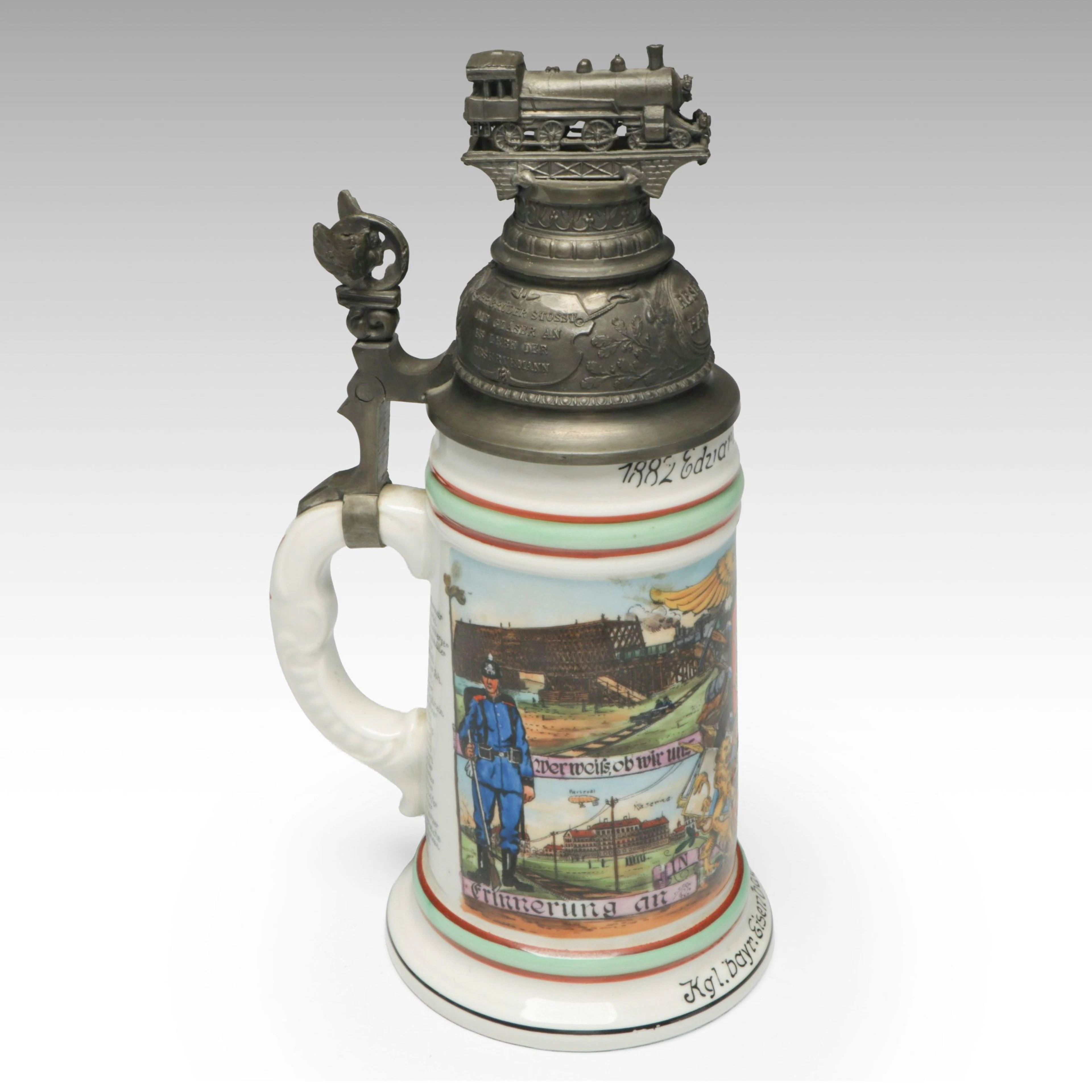 Karl Rau Reproduction Regimental Beer Stein with Pewter Lid, Mid to
