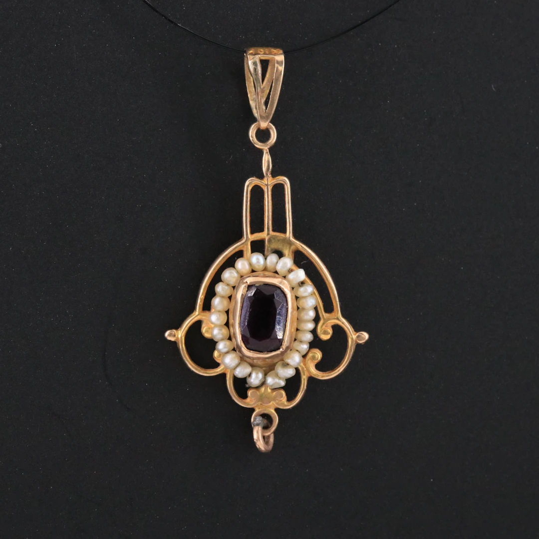 Art Nouveau 10K Rose Gold Glass and Pearl Pendant
