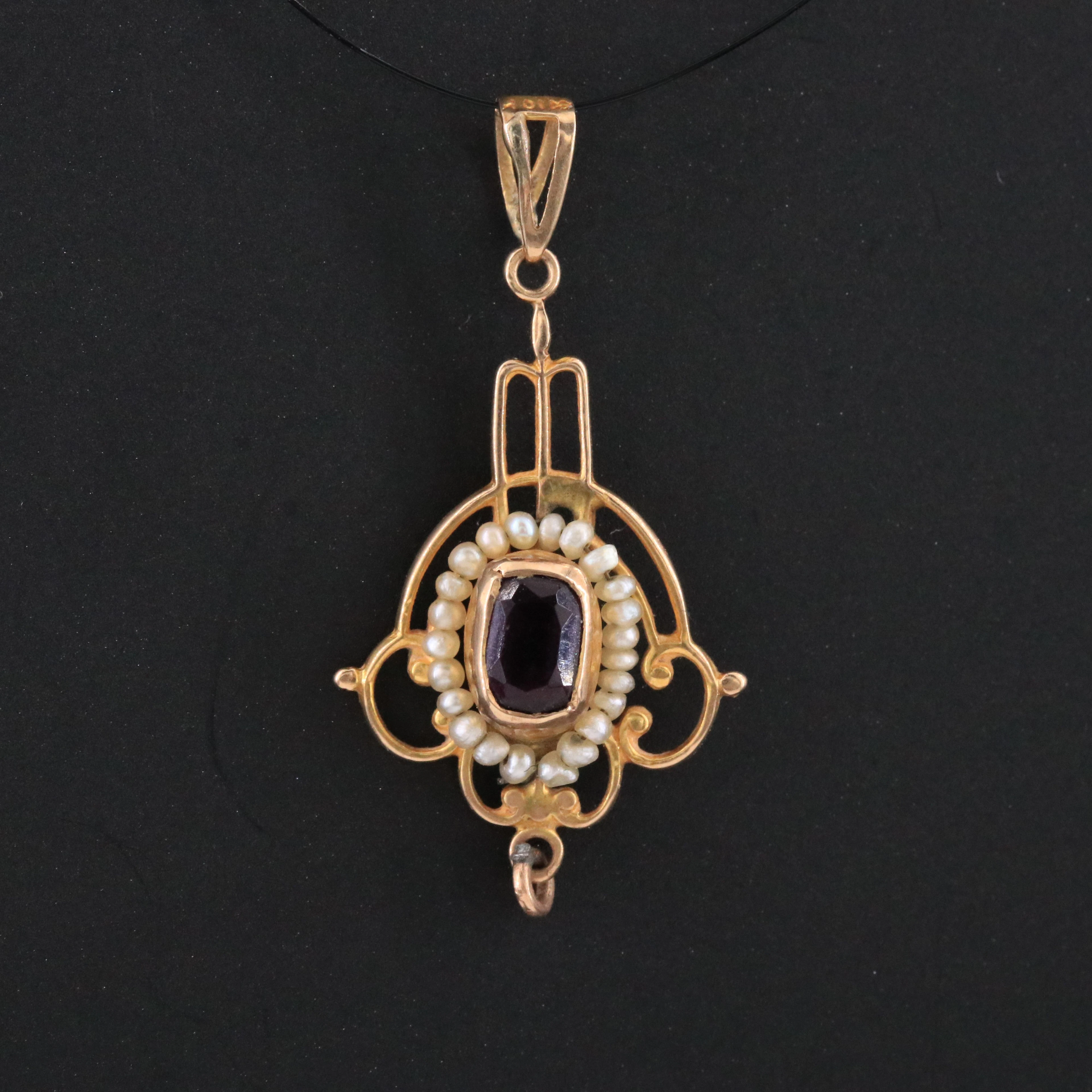 Art Nouveau 10K Rose Gold Glass and Pearl Pendant