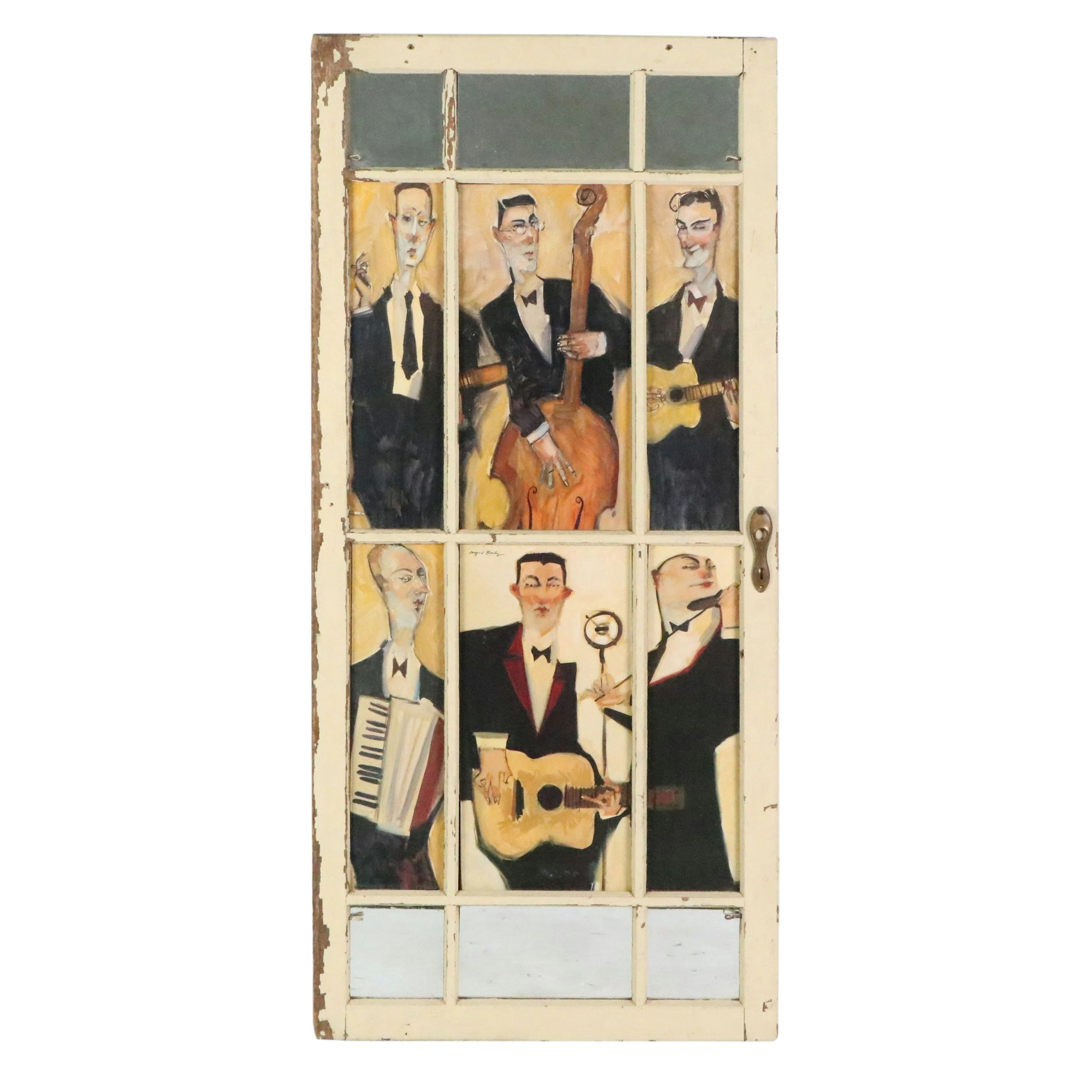 Salvaged French Door with Offset Lithograph After Ingrid Bailey