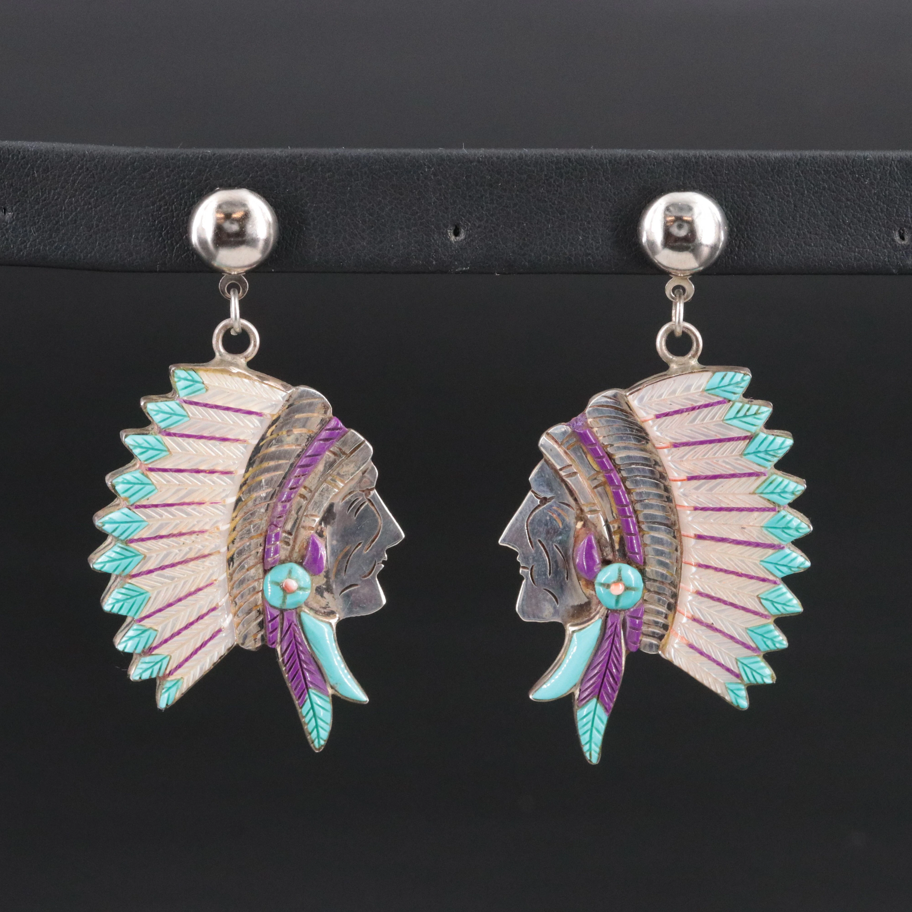 Sterling Mother-of-Pearl Native American Headdress Earrings