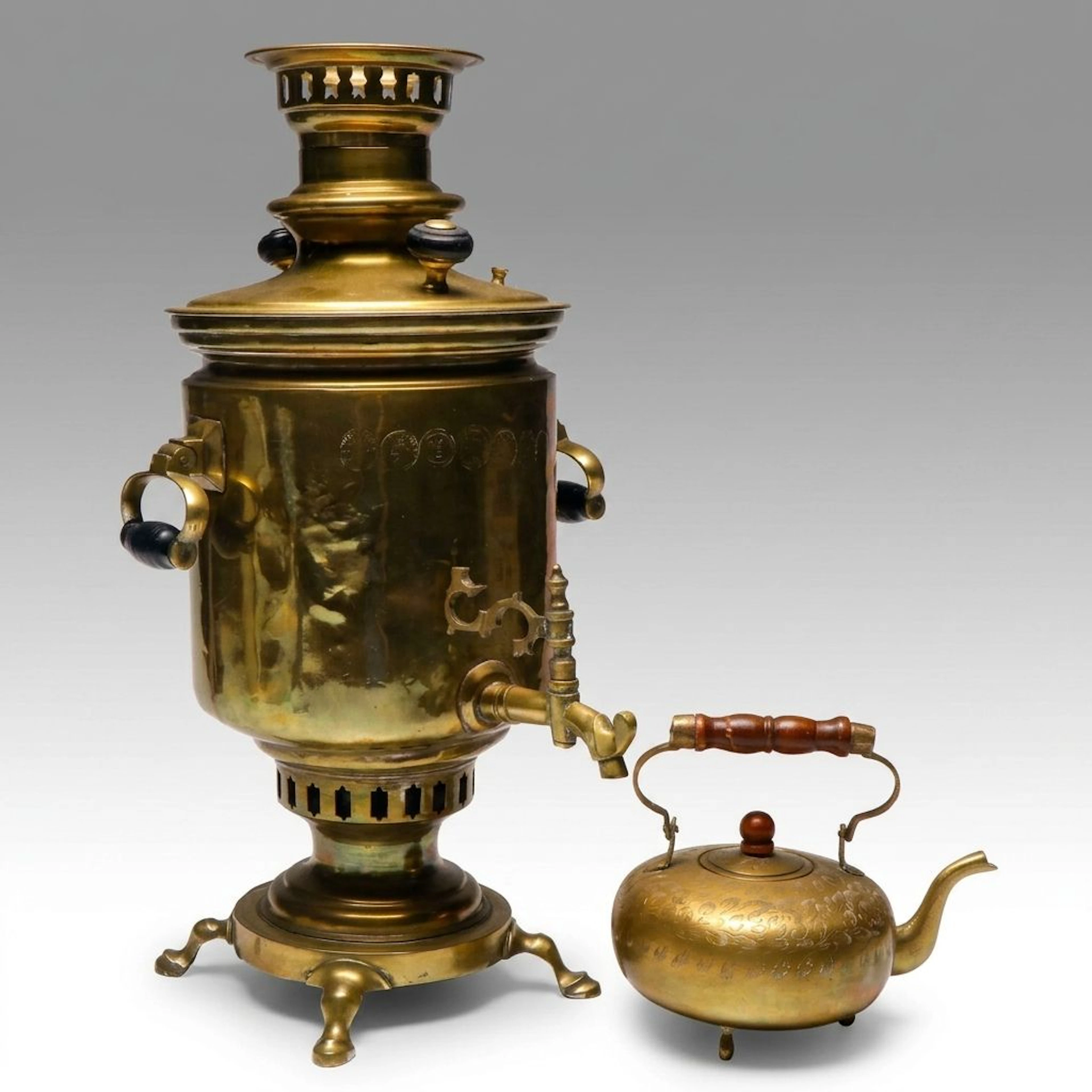 Indian Etched Brass Teapot with Russian Brass Samovar