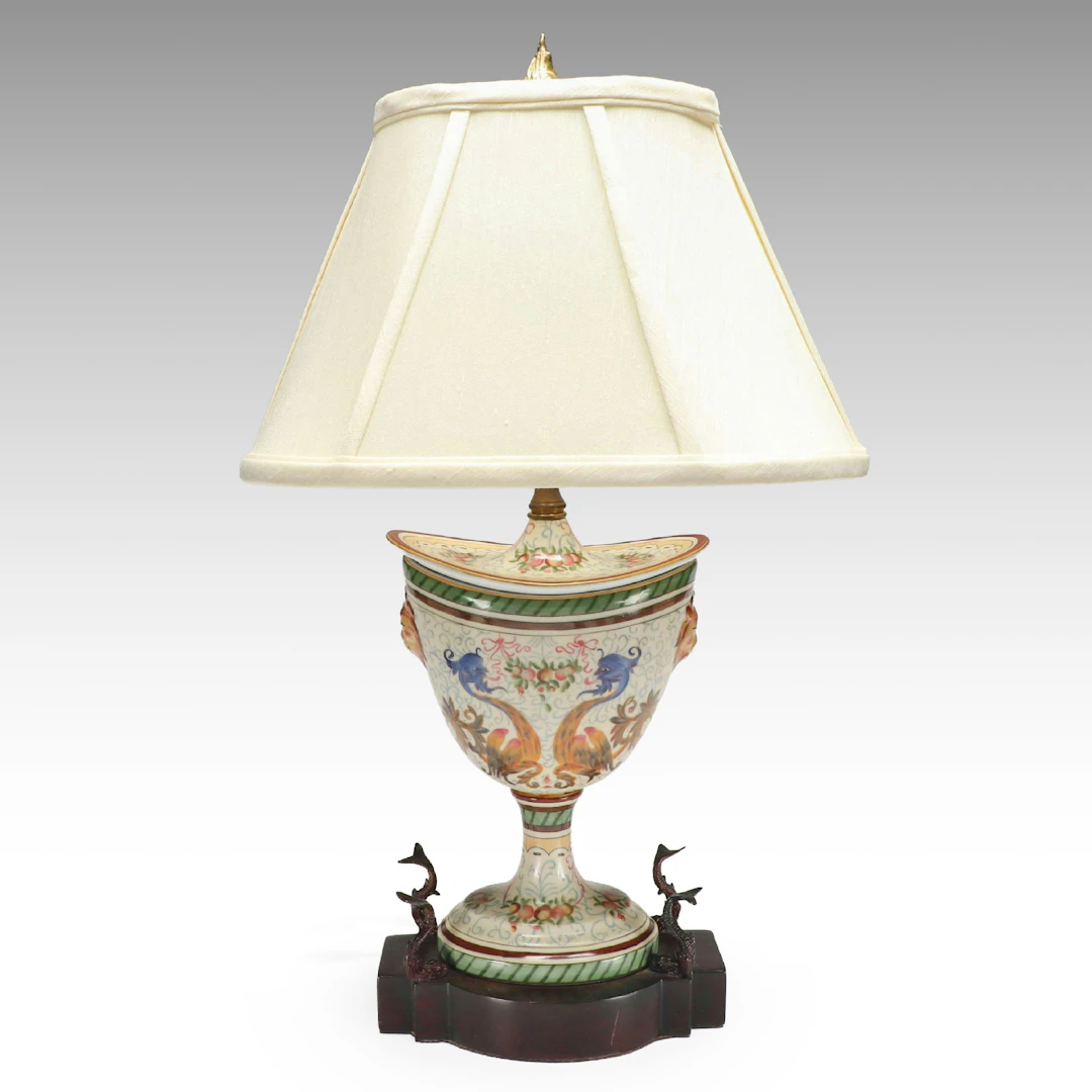 Capodimonte Style Ceramic Table Lamp with Dolphin Base, Silk Shade
