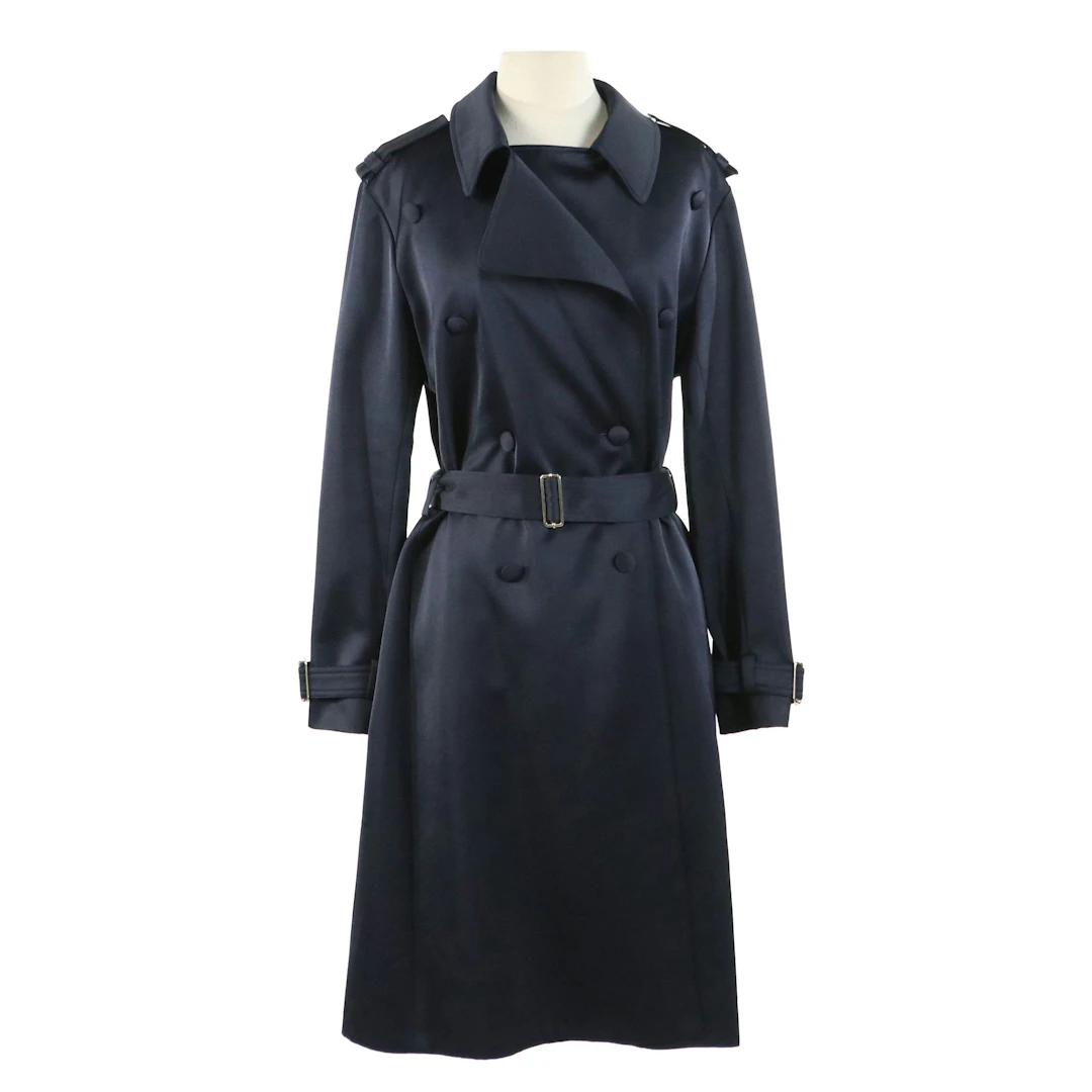 Lanvin Navy Blue Double-Breasted Trench Coat with Tie Belt