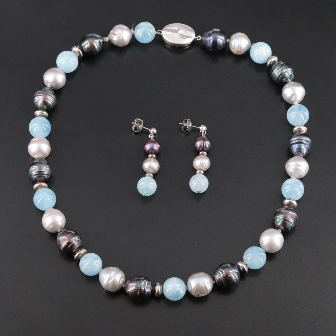 Honora Sterling Pearl and Aquamarine Necklace and Earring Set
