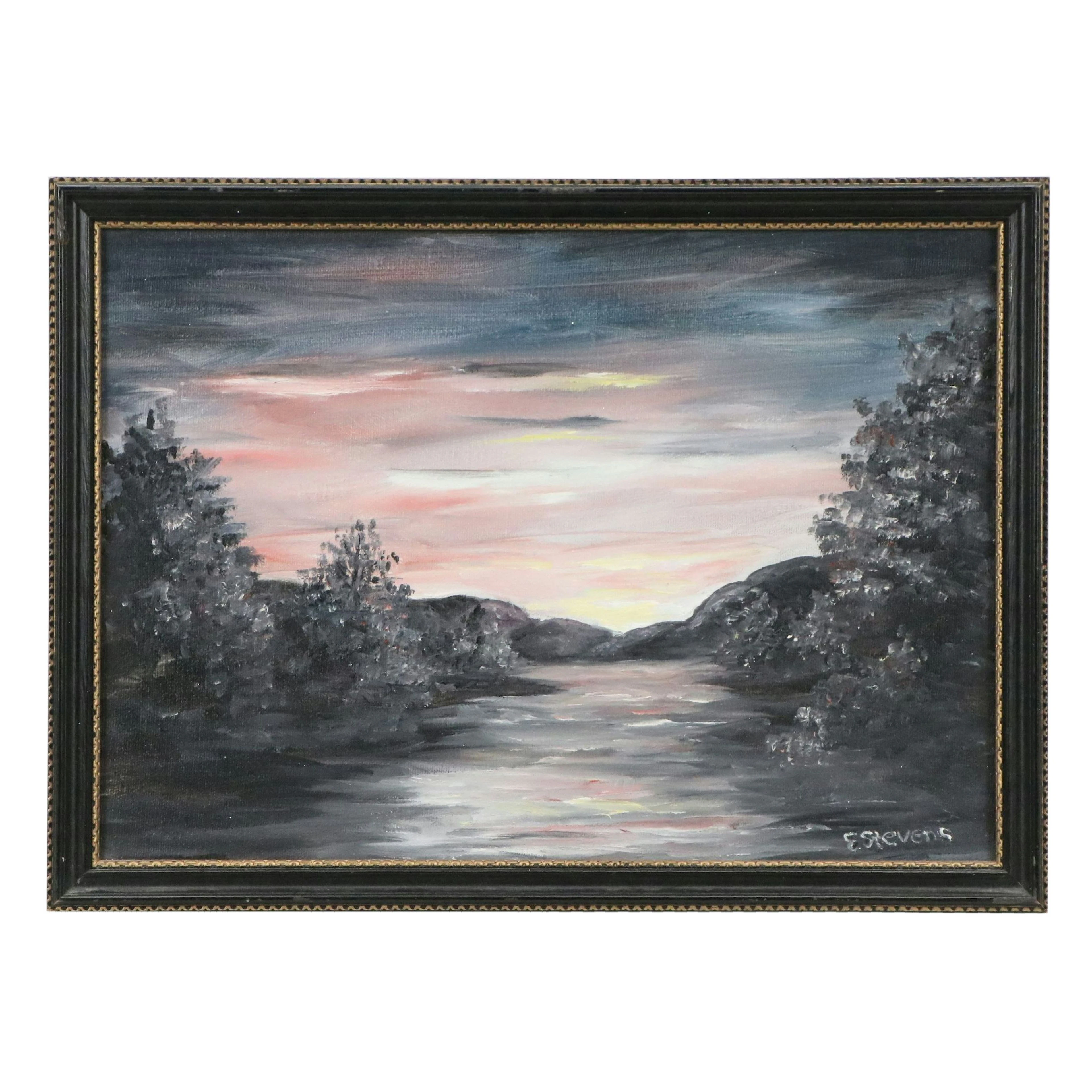 E. Stevens Oil Painting of Gray Dusk, Late 20th Century