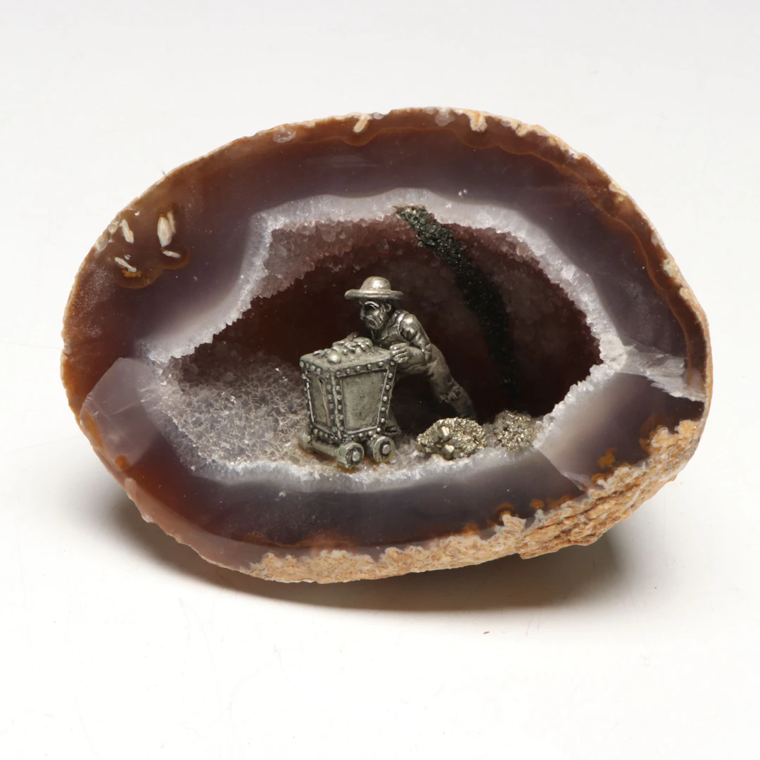 Agate Geode with Pewter and Pyrite Gold Miner Diorama
