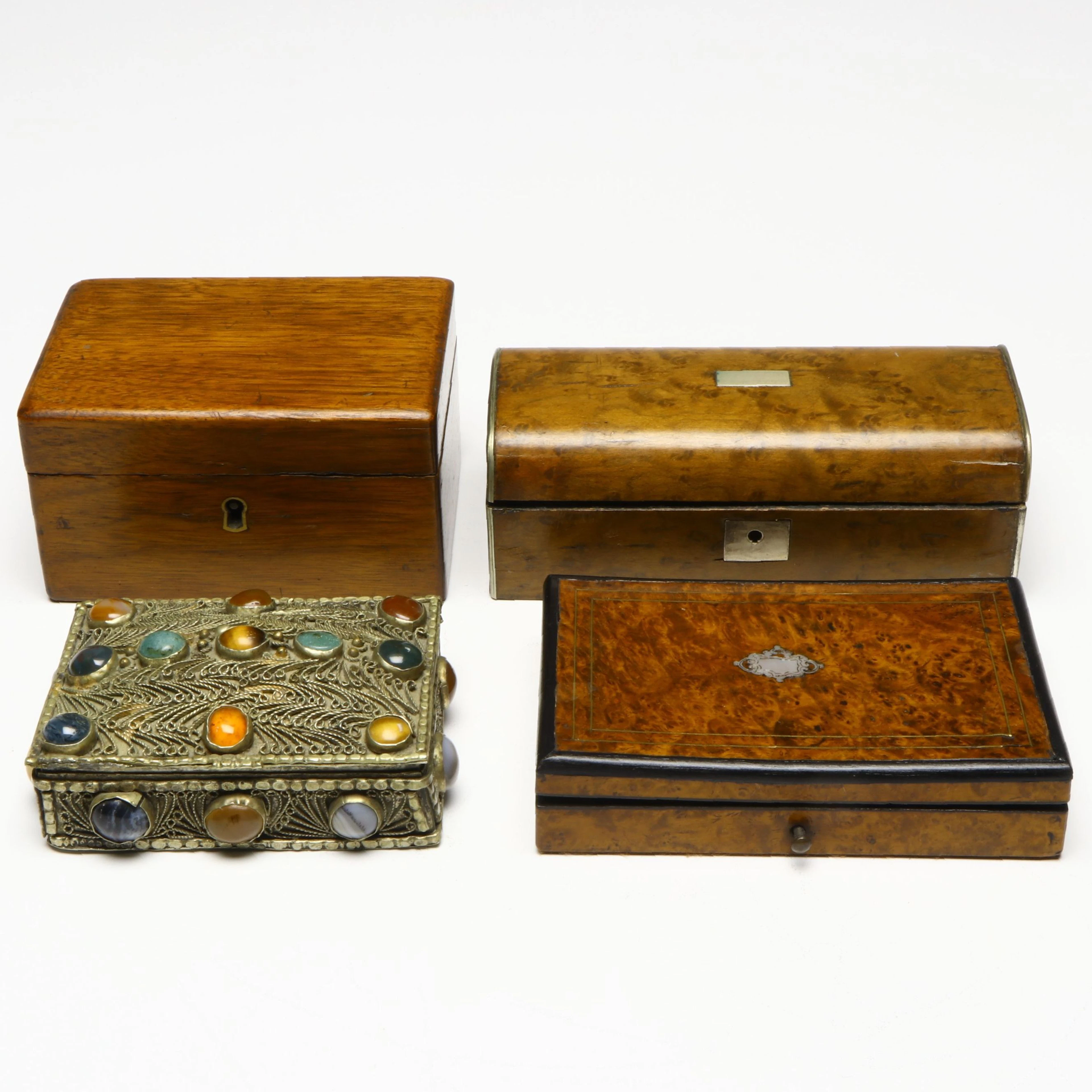 Ornate Filigree Jewelry Box with Stone Accents and Wooden Decorative Boxes