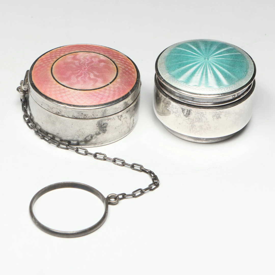 English and American Art Deco Enameled Sterling Silver Compact and Pill Box