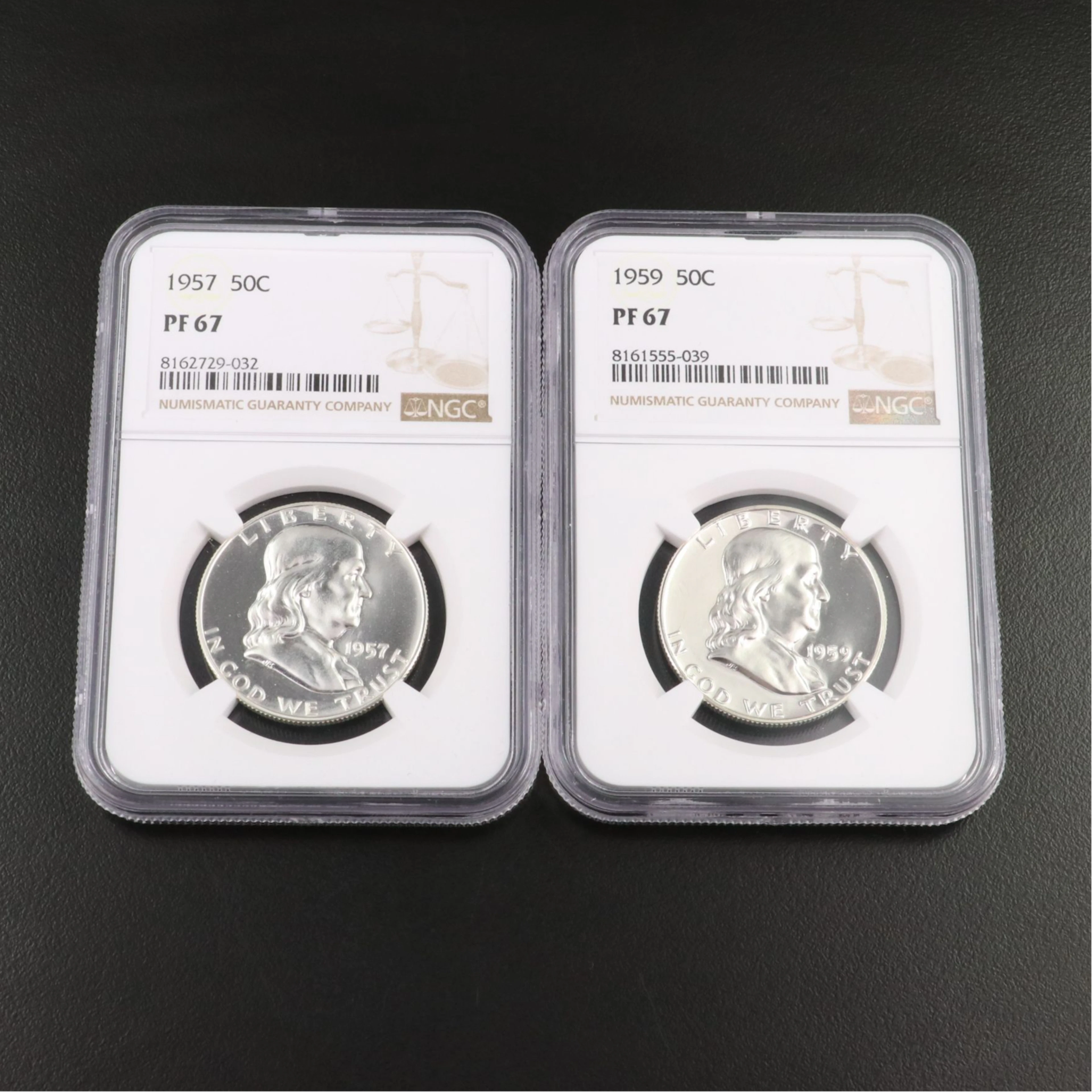 Two NGC PF 67 1957 Franklin Half Dollars 1959