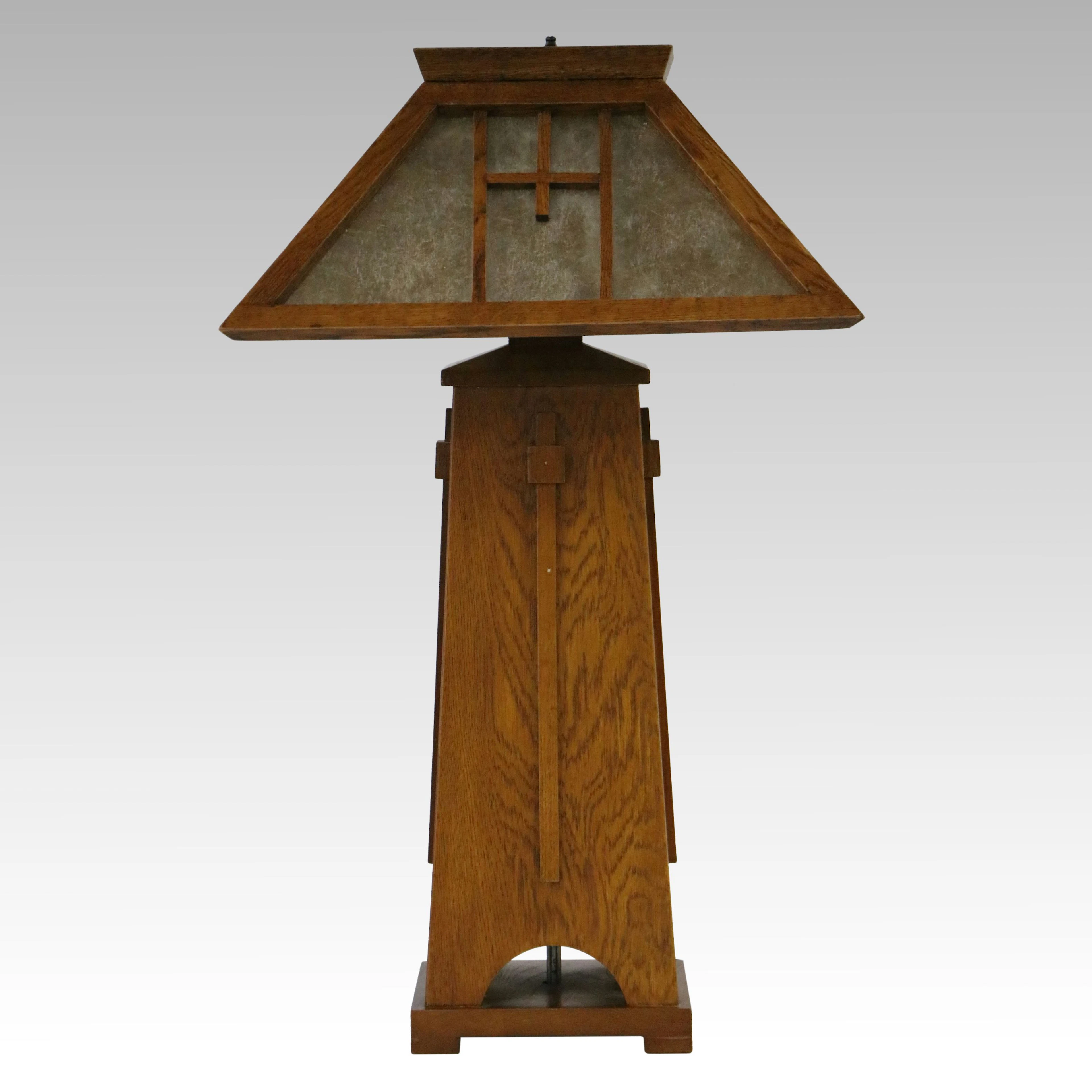 American Arts & Crafts Style Oak Lamp with Mica Shade, Manner of Limbert