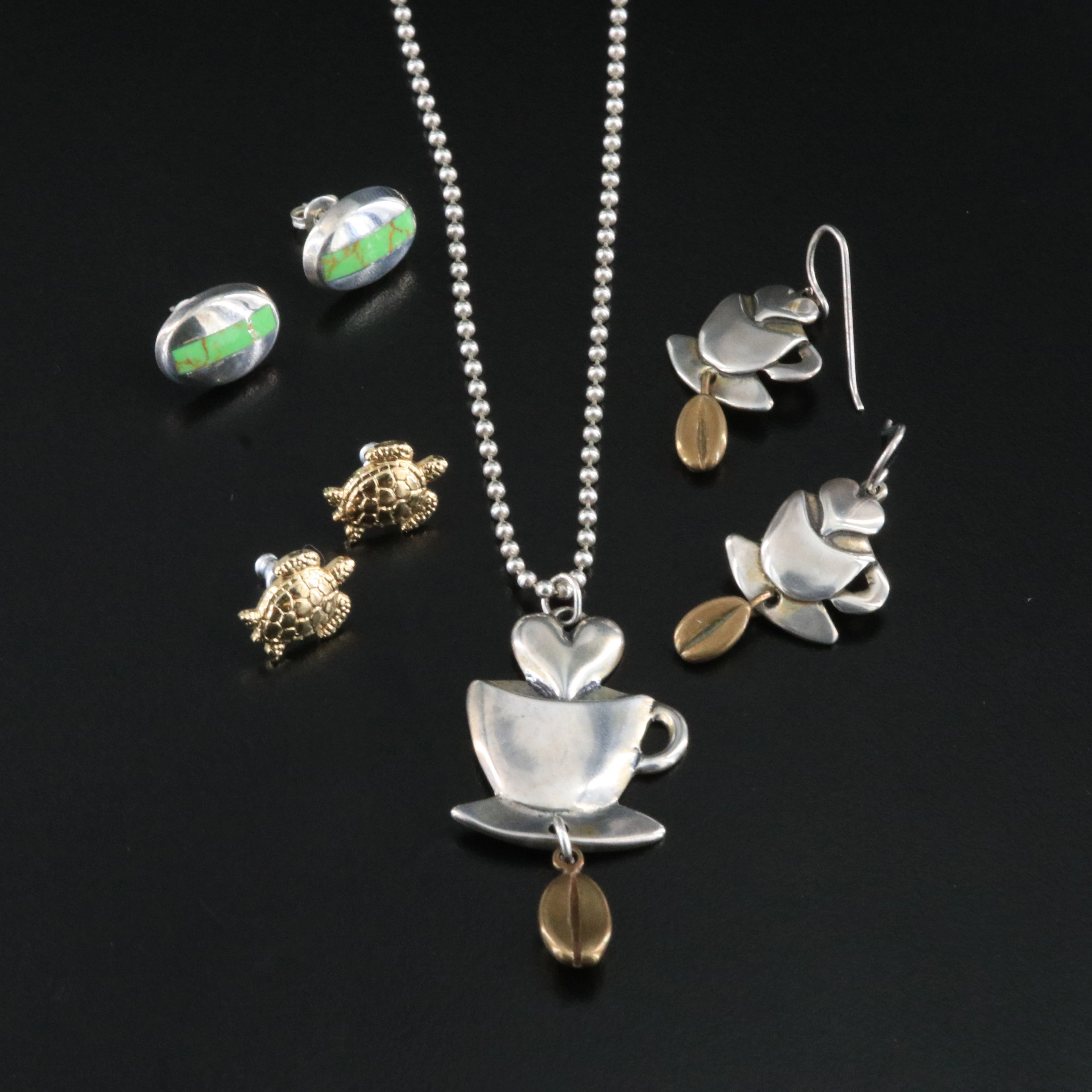 Sterling Jewelry Including Coffee Necklace & Earrings Set & Howlite Inlay