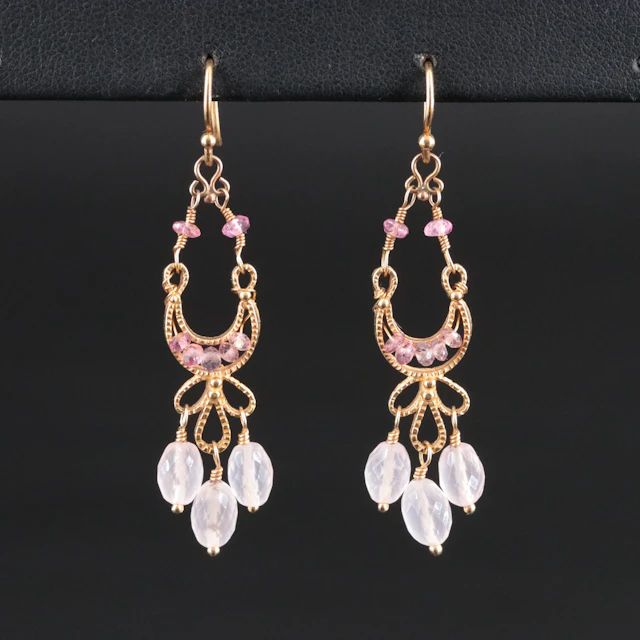18K Pink Sapphire and Rose Quartz Girandole Earring