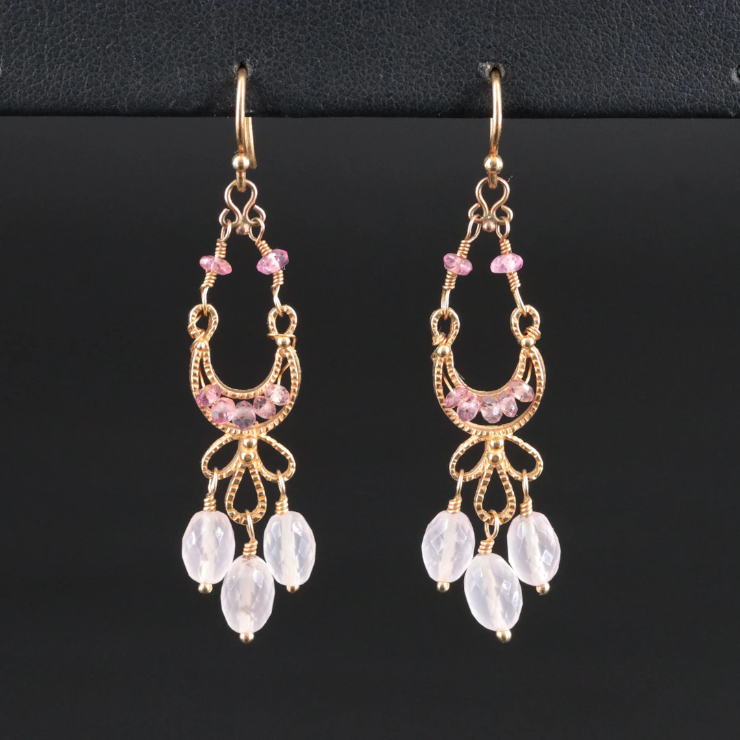 18K Pink Sapphire and Rose Quartz Girandole Earring