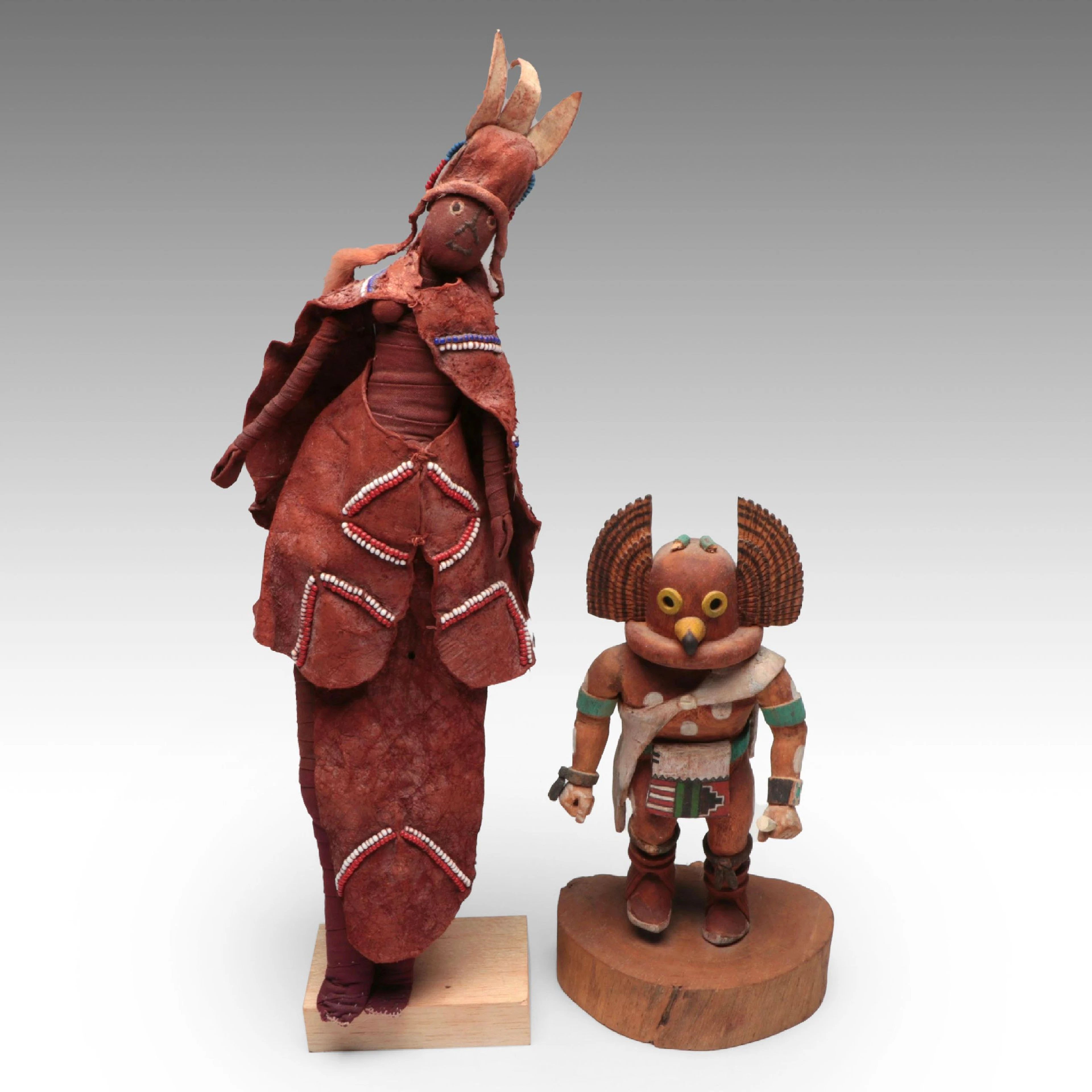 Edward Nequatewa Jr. Carved Wood Owl Kachina with Beaded Leather Doll