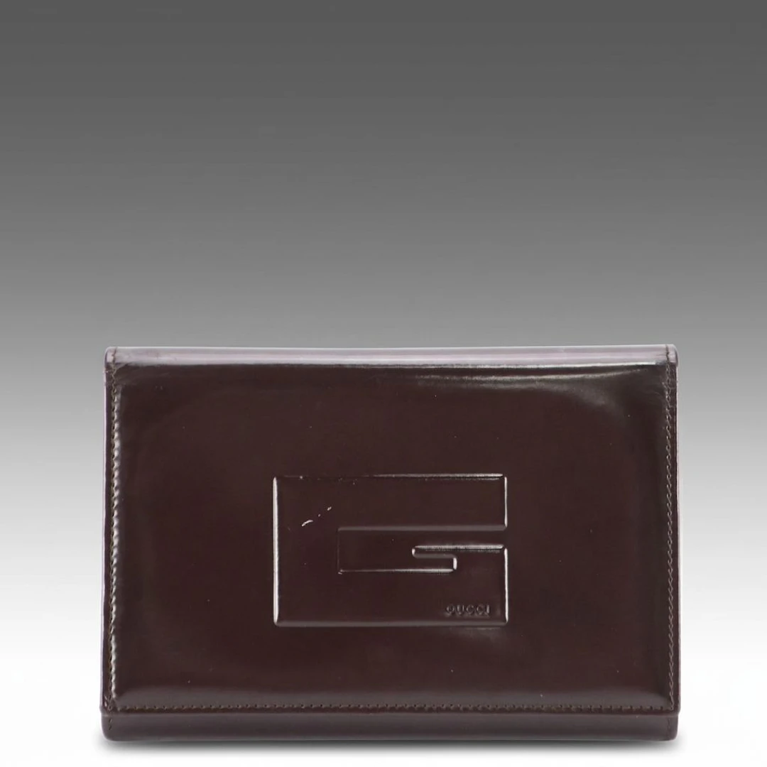 Gucci Signature G Embossed Trifold Wallet in Patent Leather with Box