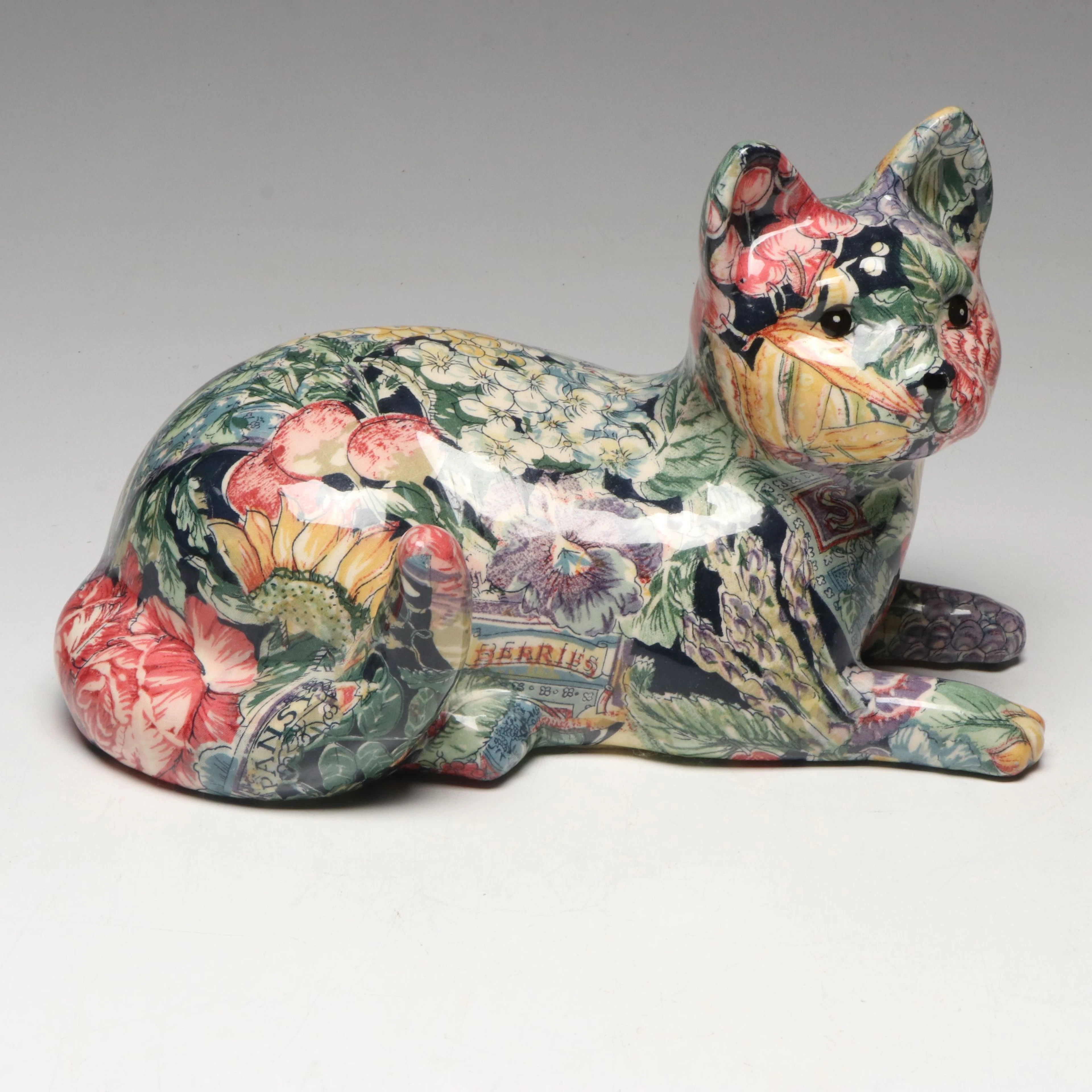 Floral Transfer-Print Ceramic Cat Figure