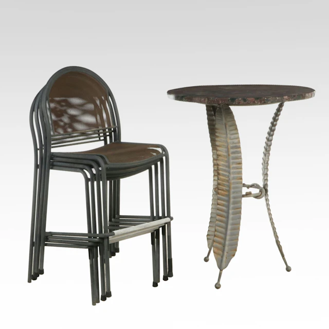 Wrought Iron Feather Motif High Top Table with Granite Top and Stools