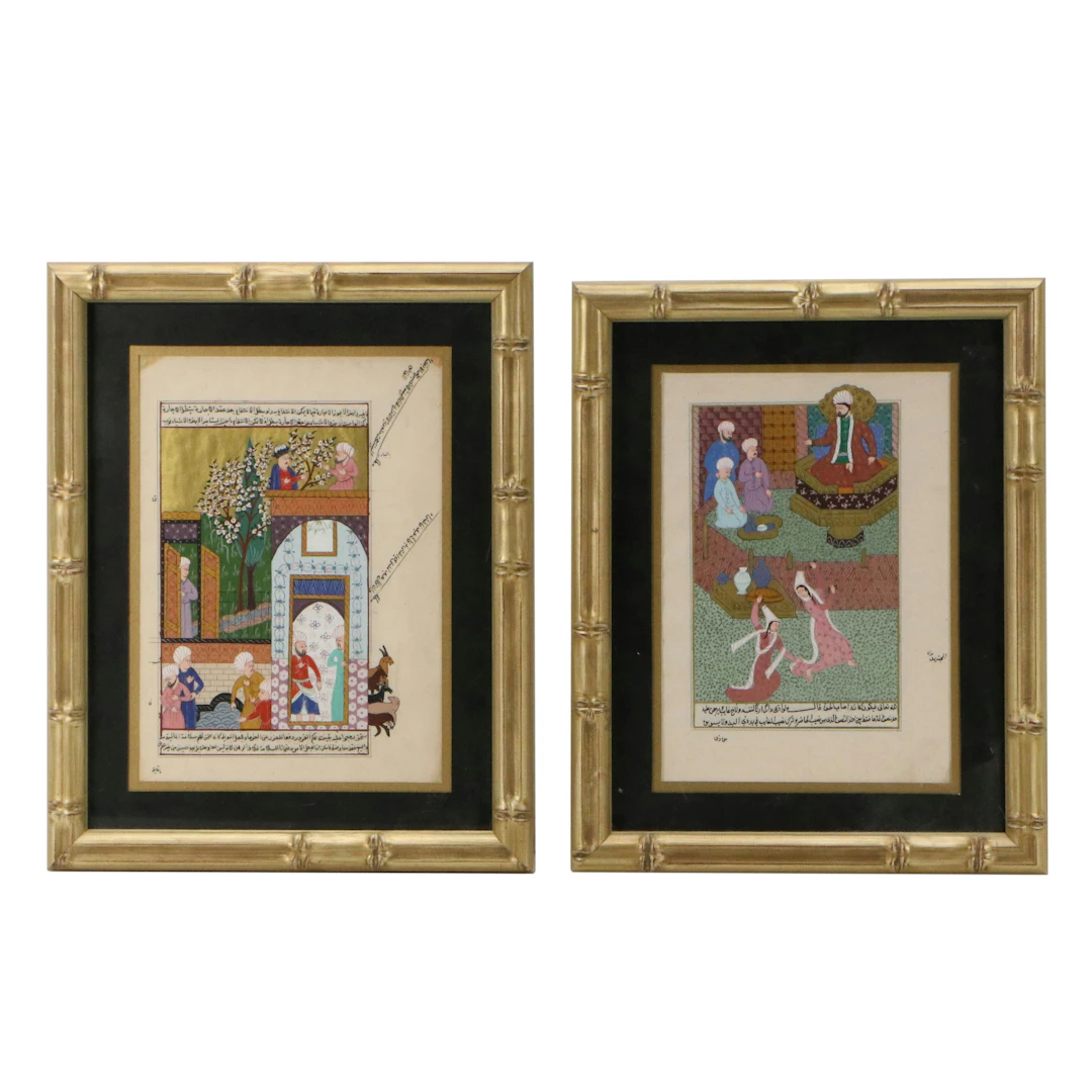 Persian School Pair of Illuminated Manuscript Gouache Painting Genre Scenes