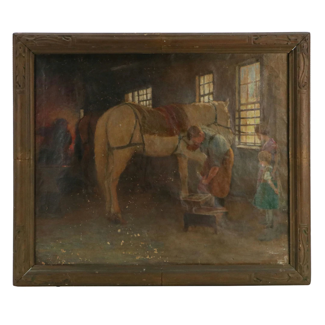 Attributed to Charles Allen Hulbert Oil Painting of Man Tending to Horse