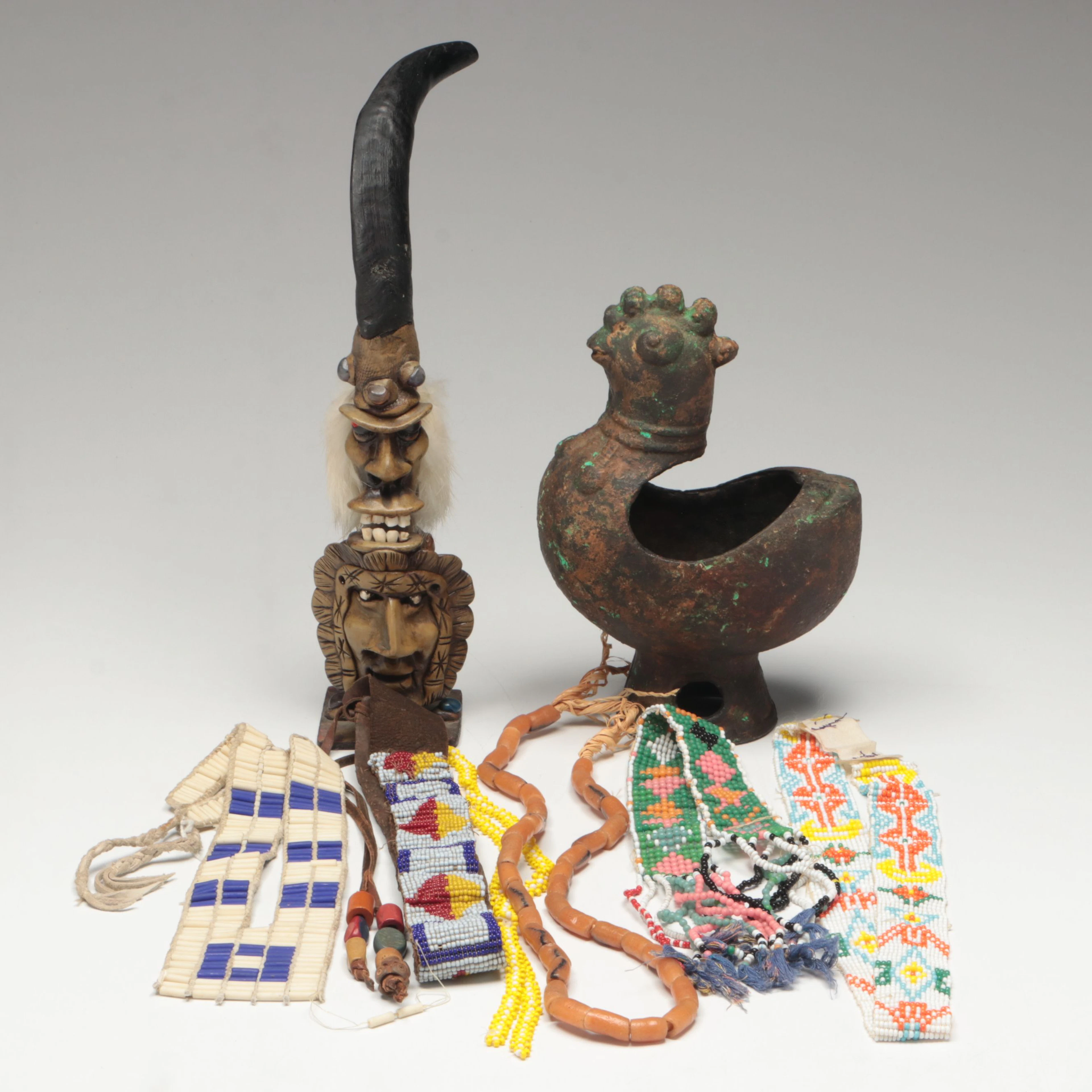 Japanese "Koro" Censer with Beadwork Bib, Sashes, Hanks and Other Items