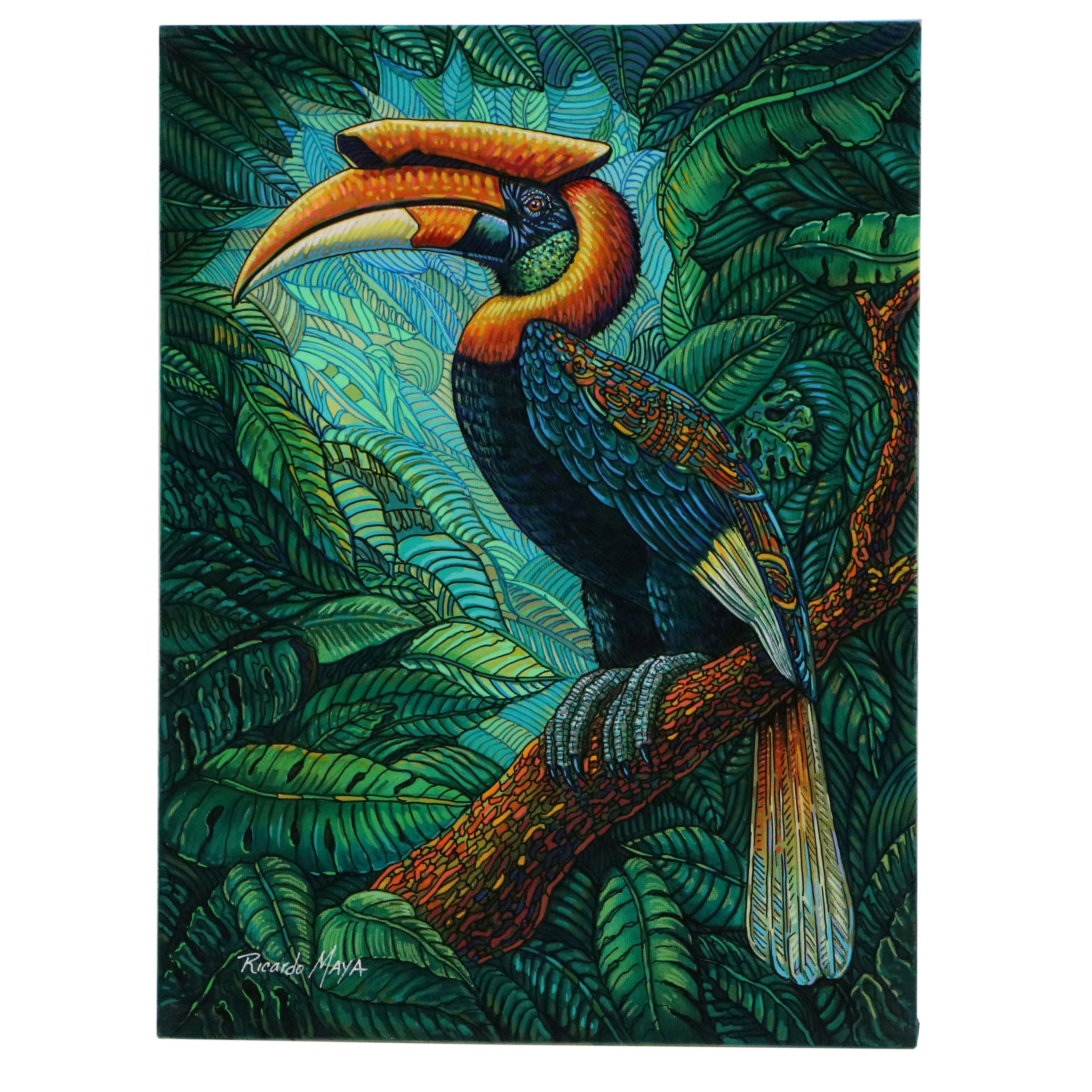 Ricardo Maya Acrylic Painting of Stylized Rhinoceros Hornbill, 2026