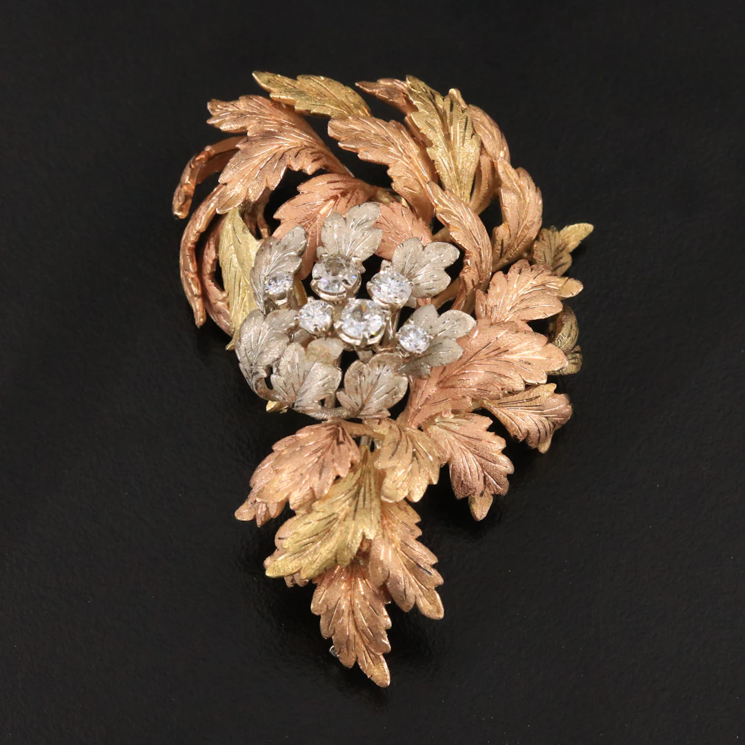 F. F. Feriozzi 18K Tri-Color Gold 1.30 CTW Diamond Leaf Spray Brooch