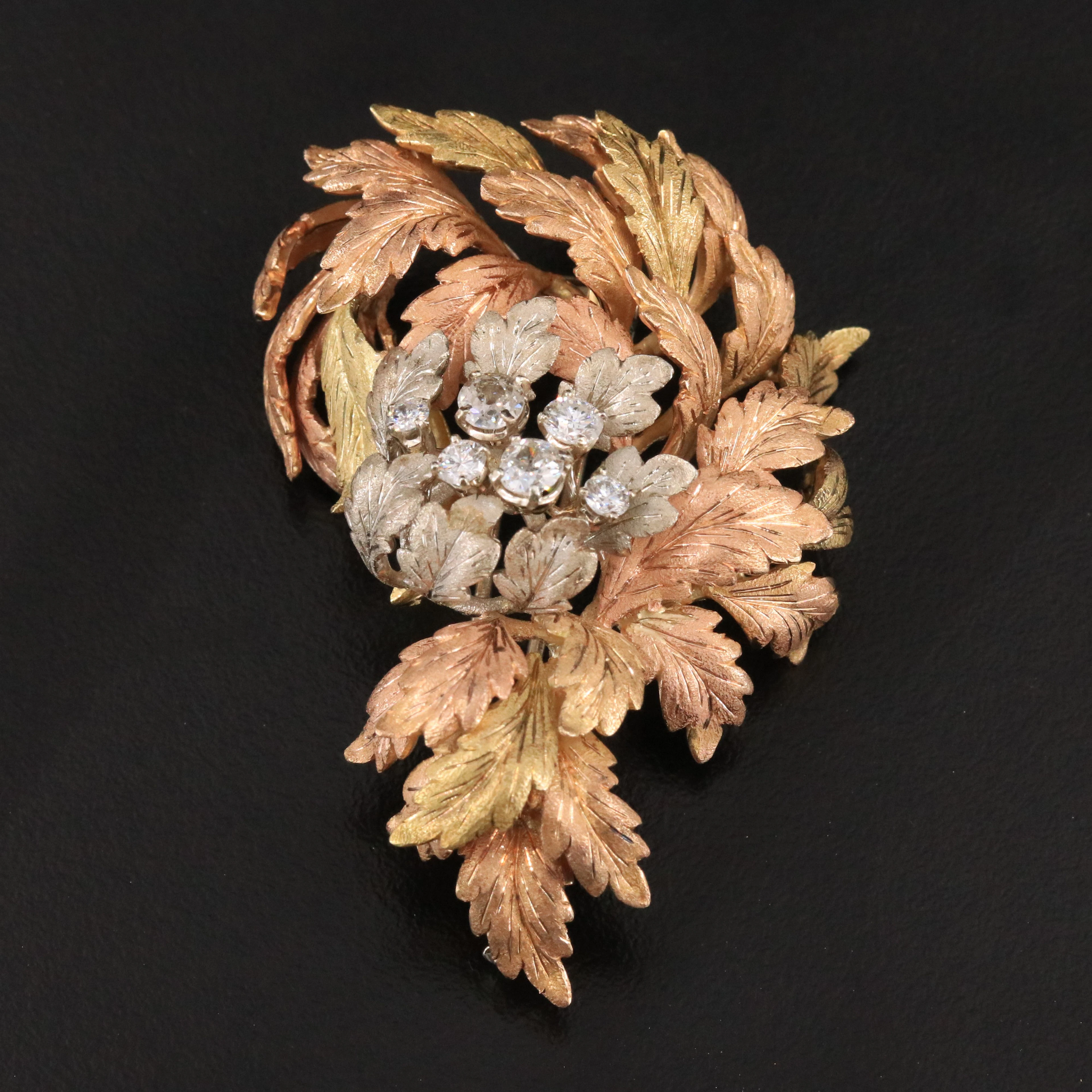 F. F. Feriozzi 18K Tri-Color Gold 1.30 CTW Diamond Leaf Spray Brooch