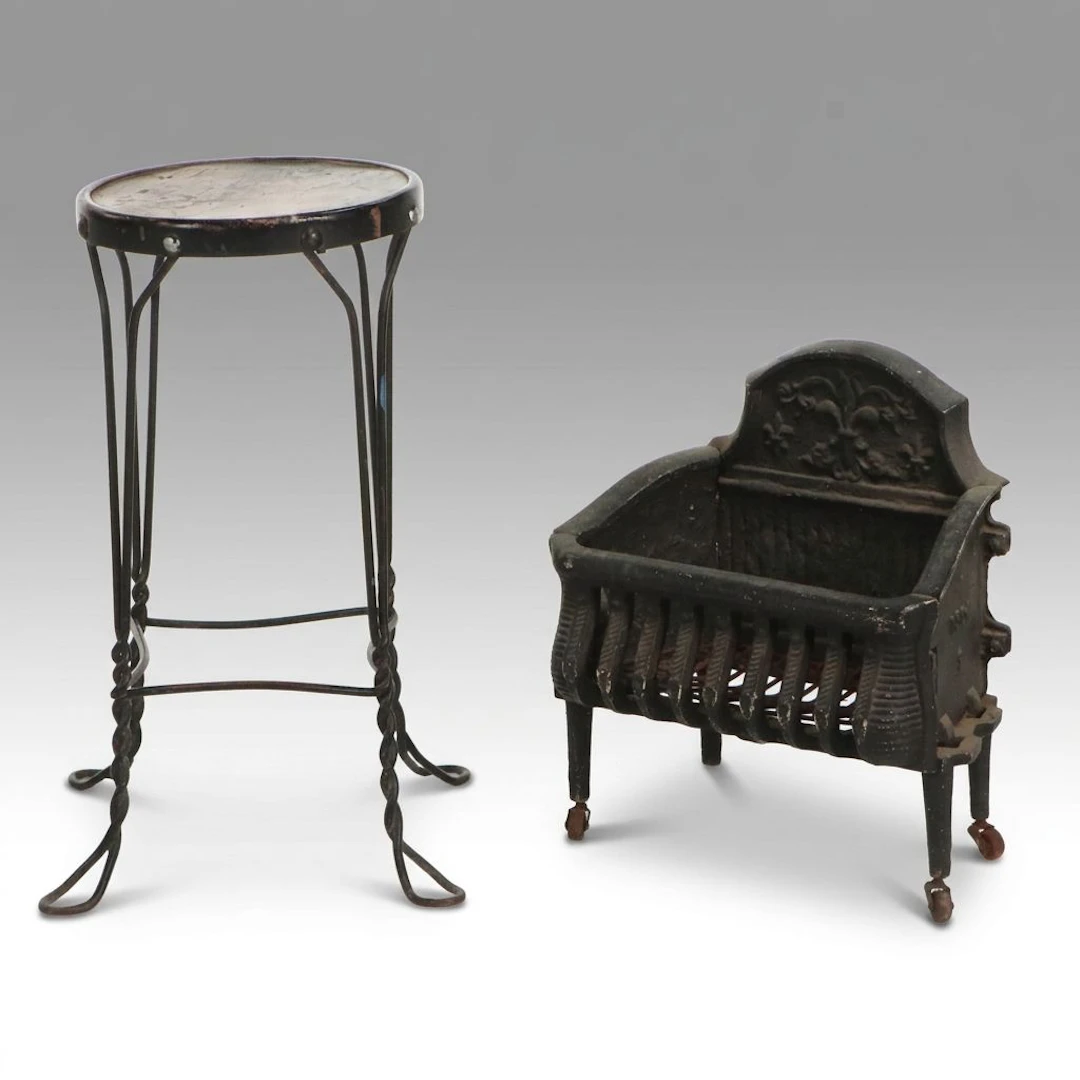 Cast Iron Fireplace Grate and Wrought Iron Plant Stand