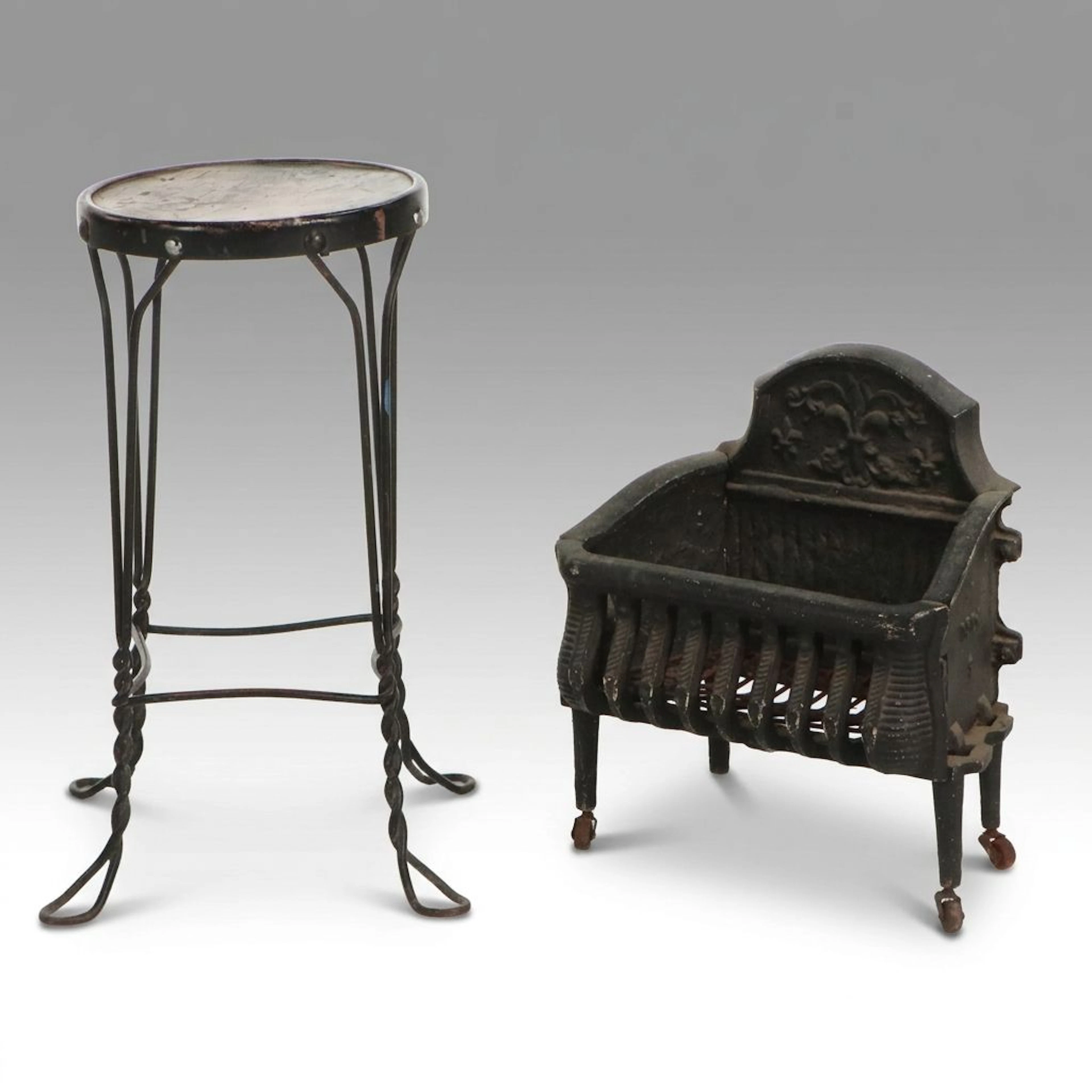 Cast Iron Fireplace Grate and Wrought Iron Plant Stand